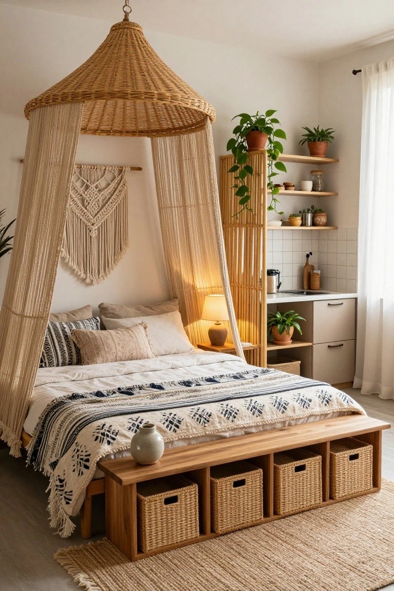 Studio apartment interior with a queen bed under a large conical rattan canopy draped with beige curtains, flanked by plants, macrame wall art, bamboo screens, and a compact kitchenette.