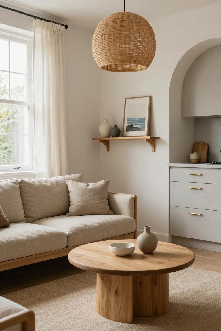 Beige linen sofa in a white-walled living room with round pedestal wooden coffee table, wooden shelf holding vases and a seascape artwork, sheer curtains on a window, and adjacent light gray kitchen cabinets.