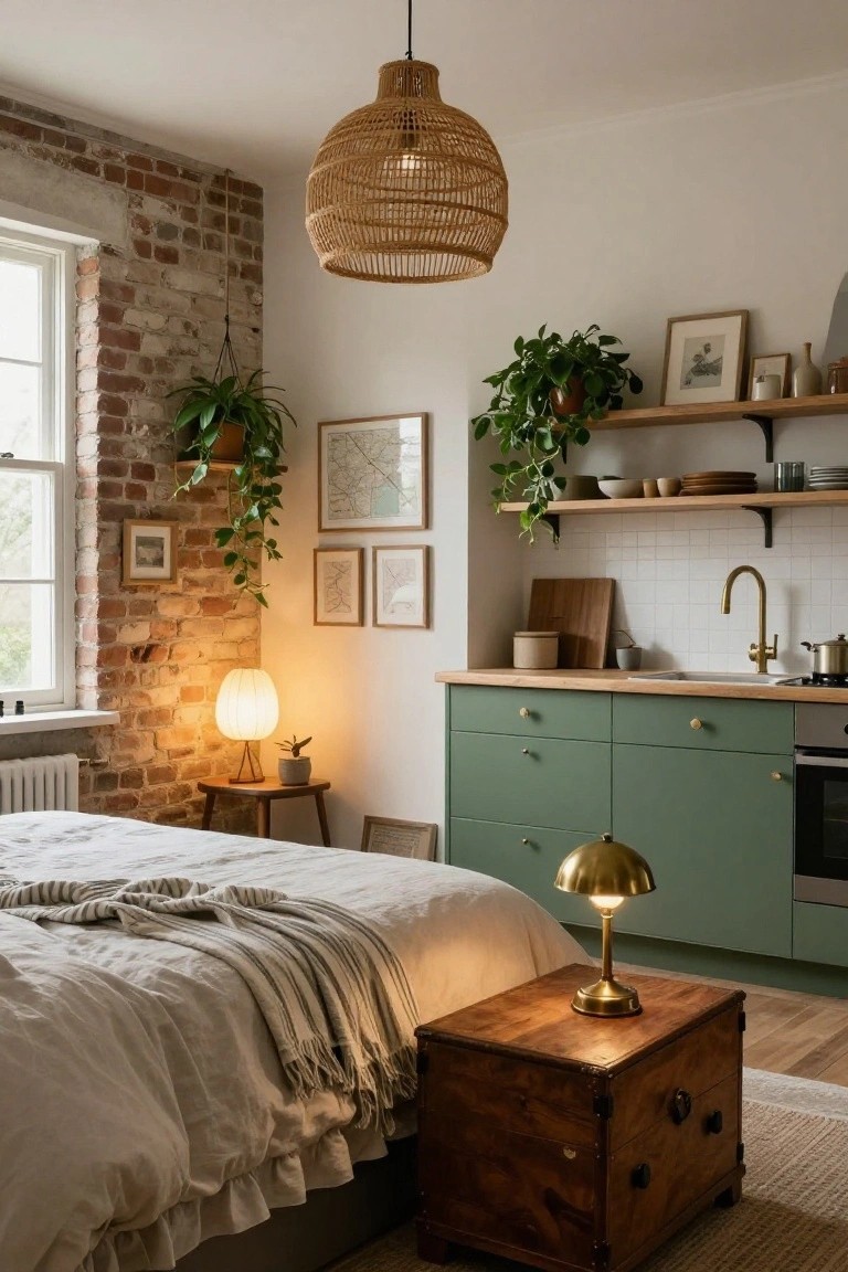 Studio apartment interior with exposed brick wall, hanging plants, sage green kitchen cabinets, wooden countertop and sink, brass faucet, wooden side table with lamp next to a white bed with gray throw.