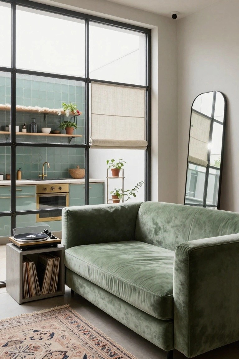 Living room interior with a sage green velvet sofa next to a record player and vinyl storage cube, tall black-framed mirror, plants, and an open kitchen visible through large glass doors with teal tiles and gold oven.