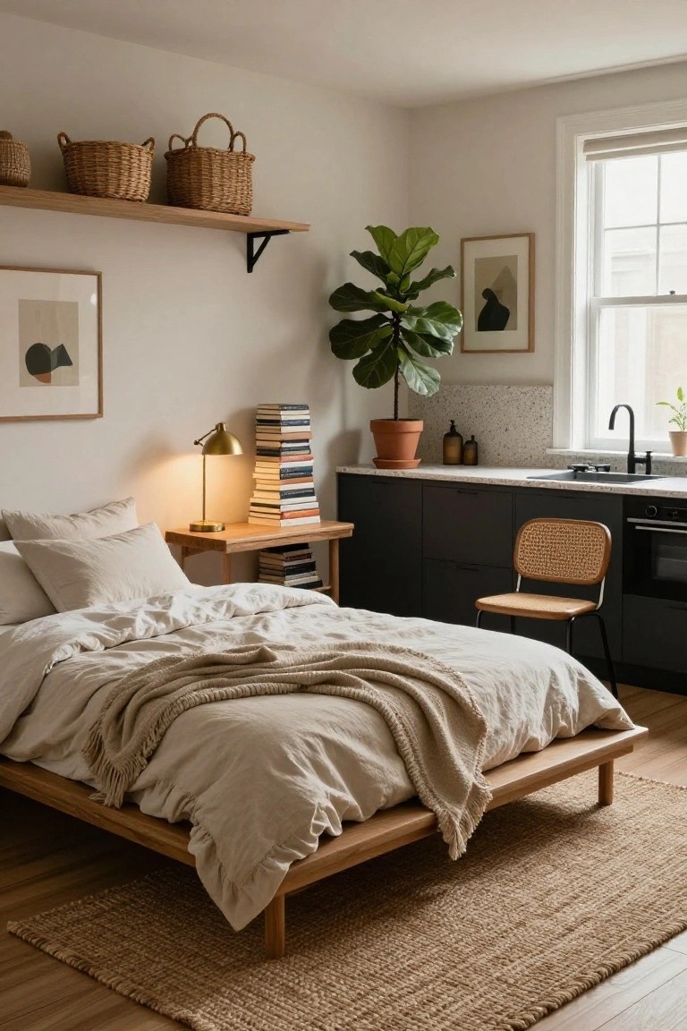Small studio apartment interior with low wooden platform bed draped in white linens next to black kitchen cabinets, wood desk with lamp and books, potted fiddle leaf fig plant, wicker baskets on oak shelves, and seagrass rug on light wood floor.