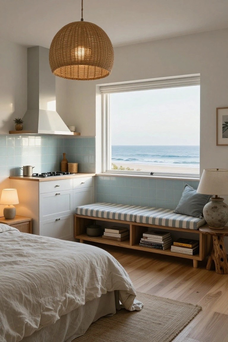 Compact studio apartment interior with white cabinets, blue tiled wall, built-in wooden bench with striped cushions and open shelves holding books, a bed with white linens nearby, and a large window showing ocean waves.