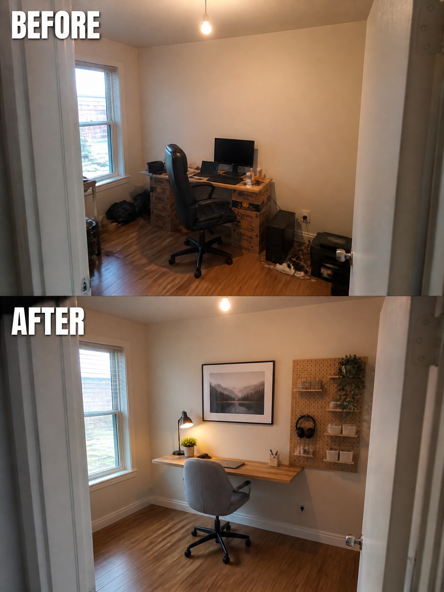 Before: cluttered office with boxes; After: minimalist workspace with desk, lamp, and decor.