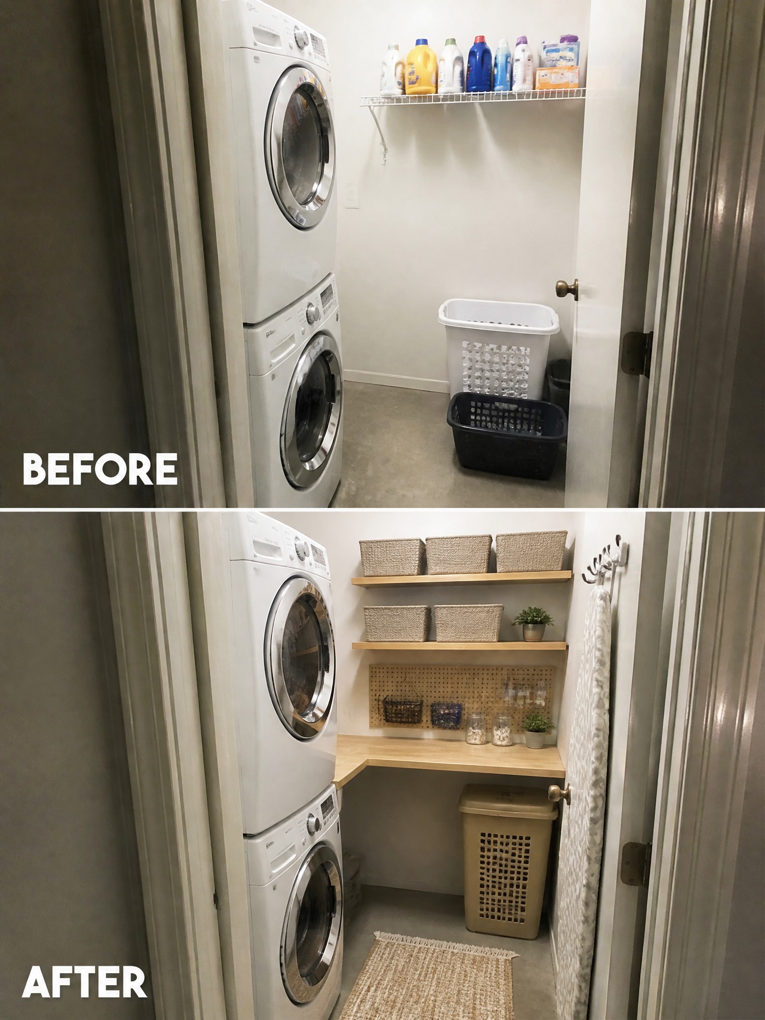 Laundry room transformation showing organized shelves, laundry baskets, and a wooden countertop.