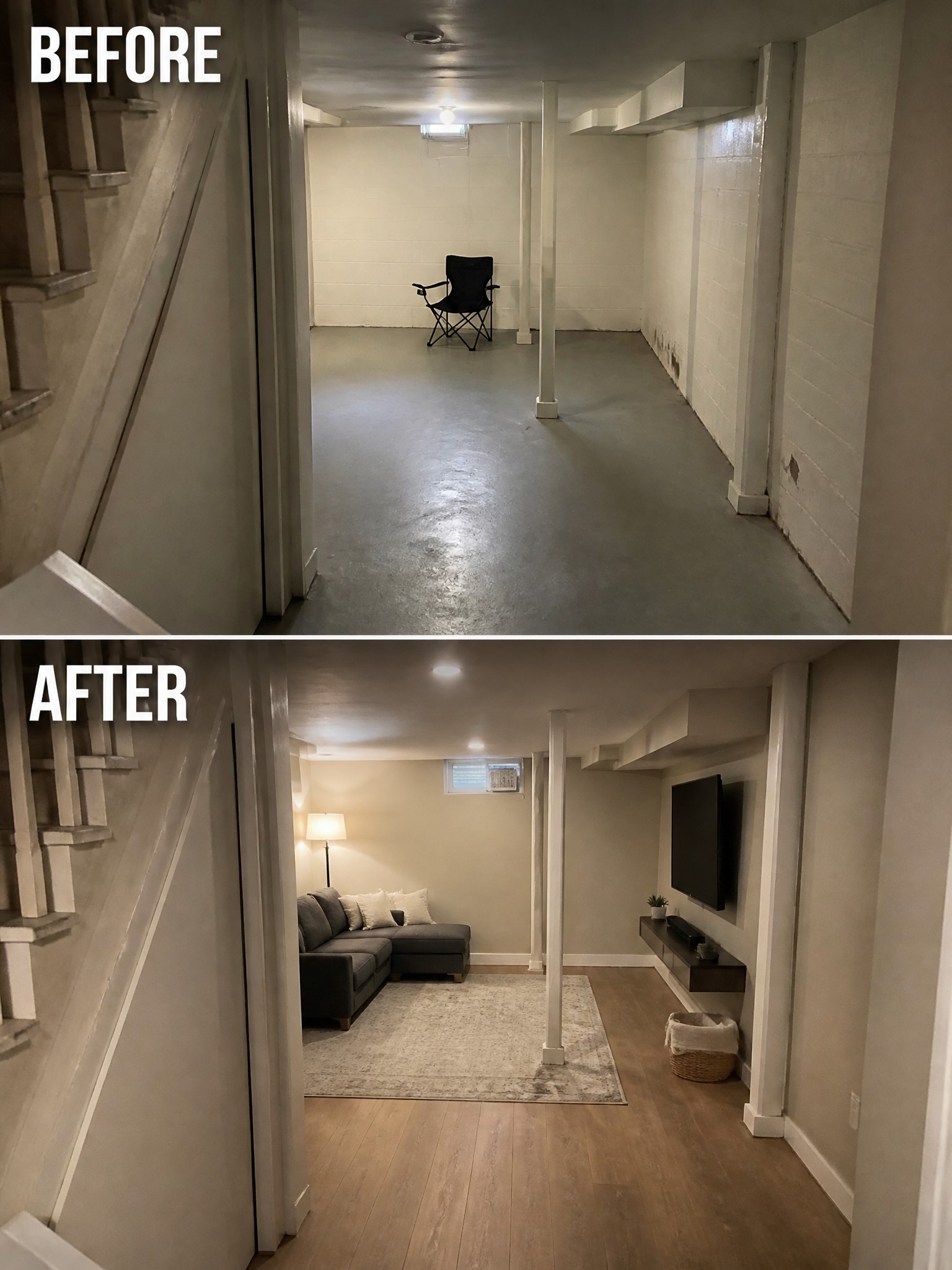 Empty basement transformed into a cozy living space with a couch and TV.