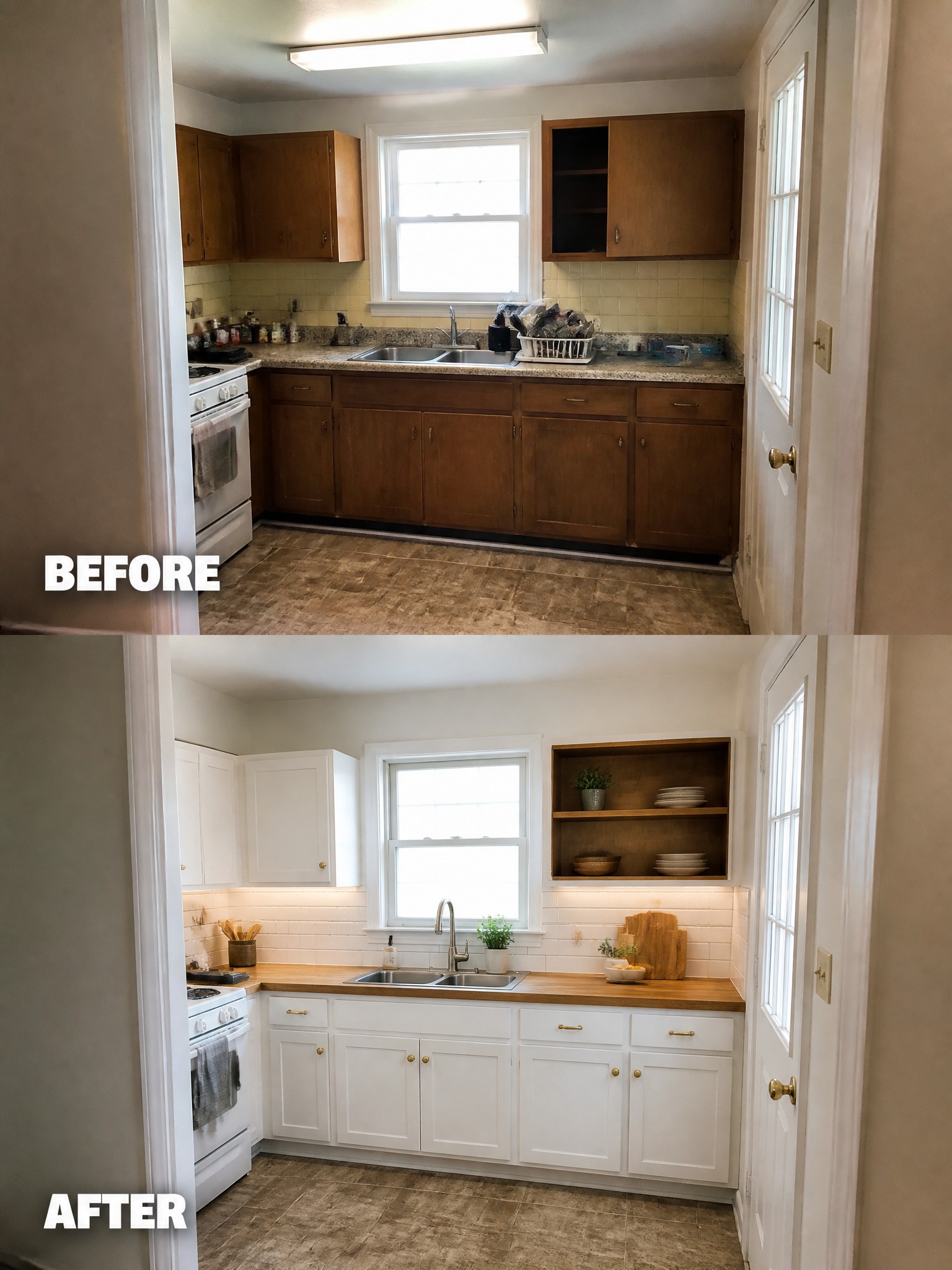 A kitchen transformation showing wooden cabinets replaced with white cabinetry and modern finishes.