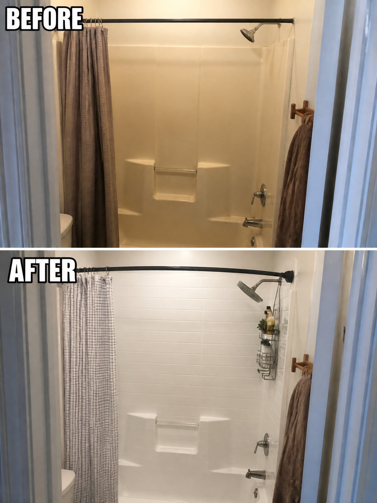 Before-and-after image of a bathroom shower surround updated from plain walls to white subway tile.