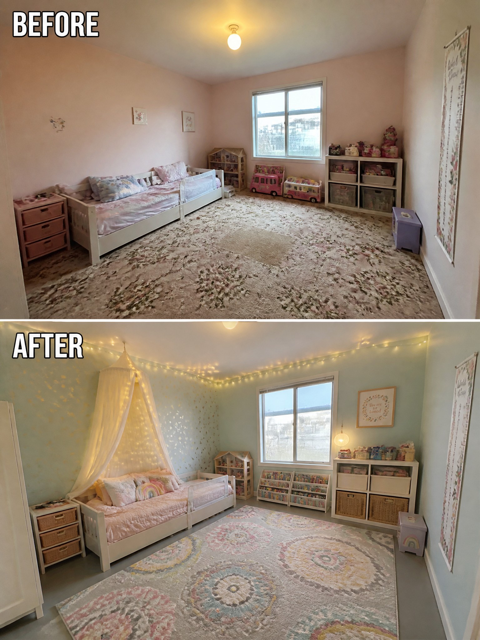 Before and after of a child's bedroom, featuring pastel colors, cozy bedding, and fairy lights.