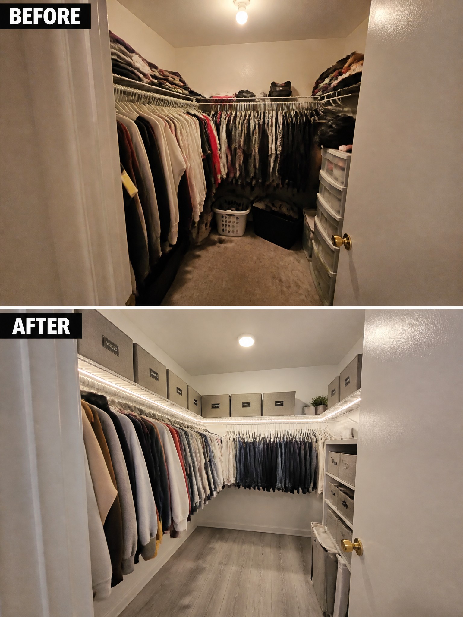 Before-and-after image of a cluttered walk-in closet transformed with added LED lighting, organized hanging space, and labeled storage bins.