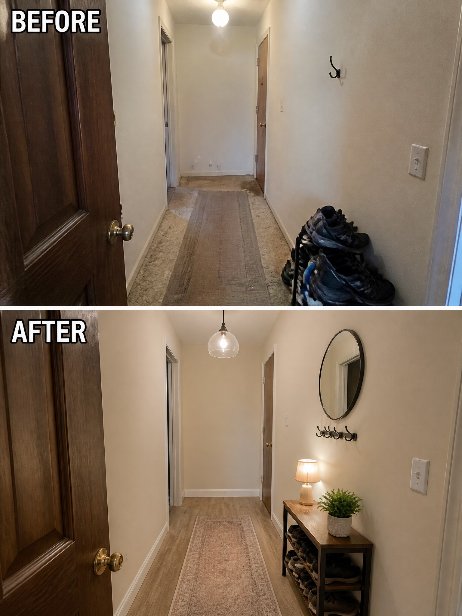Before-and-after image of a hallway changed from a messy shoe pile and bare walls to an organized entry with a shoe rack bench, console table, mirror, and lamp.
