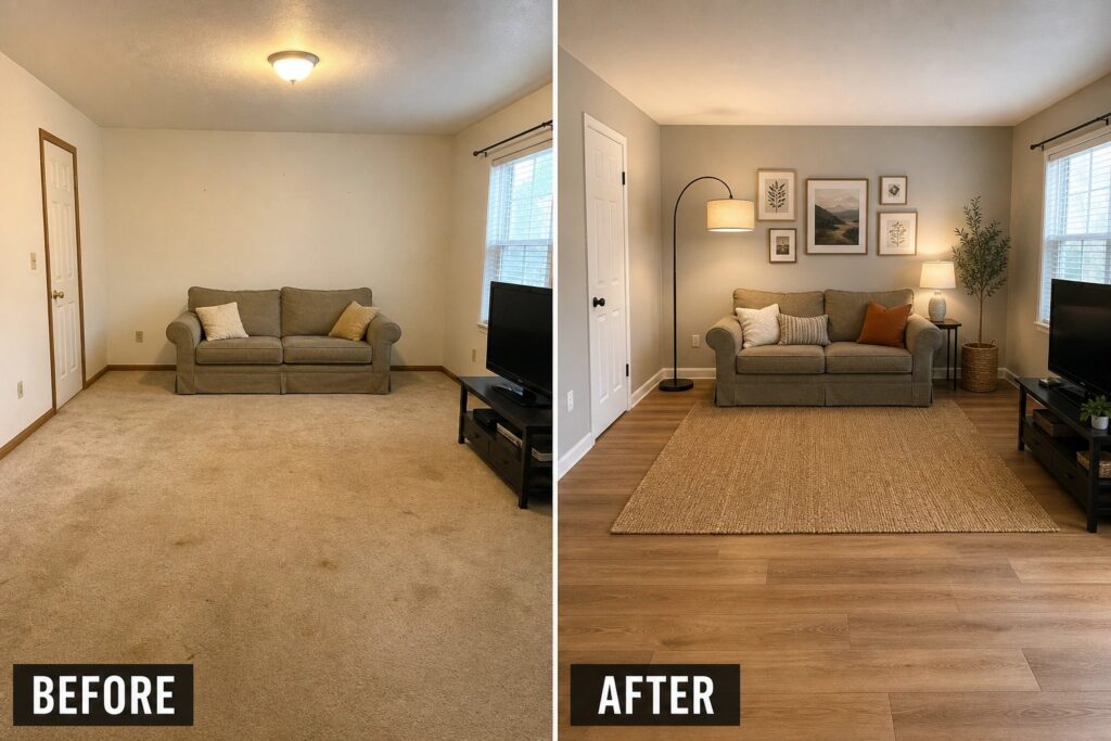21 Affordable Room Remodel Ideas for Old Carpet, Blank Walls, and Bad Lighting Before-and-after image of a living room updated with a large area rug, lamps, wall art, and new flooring.