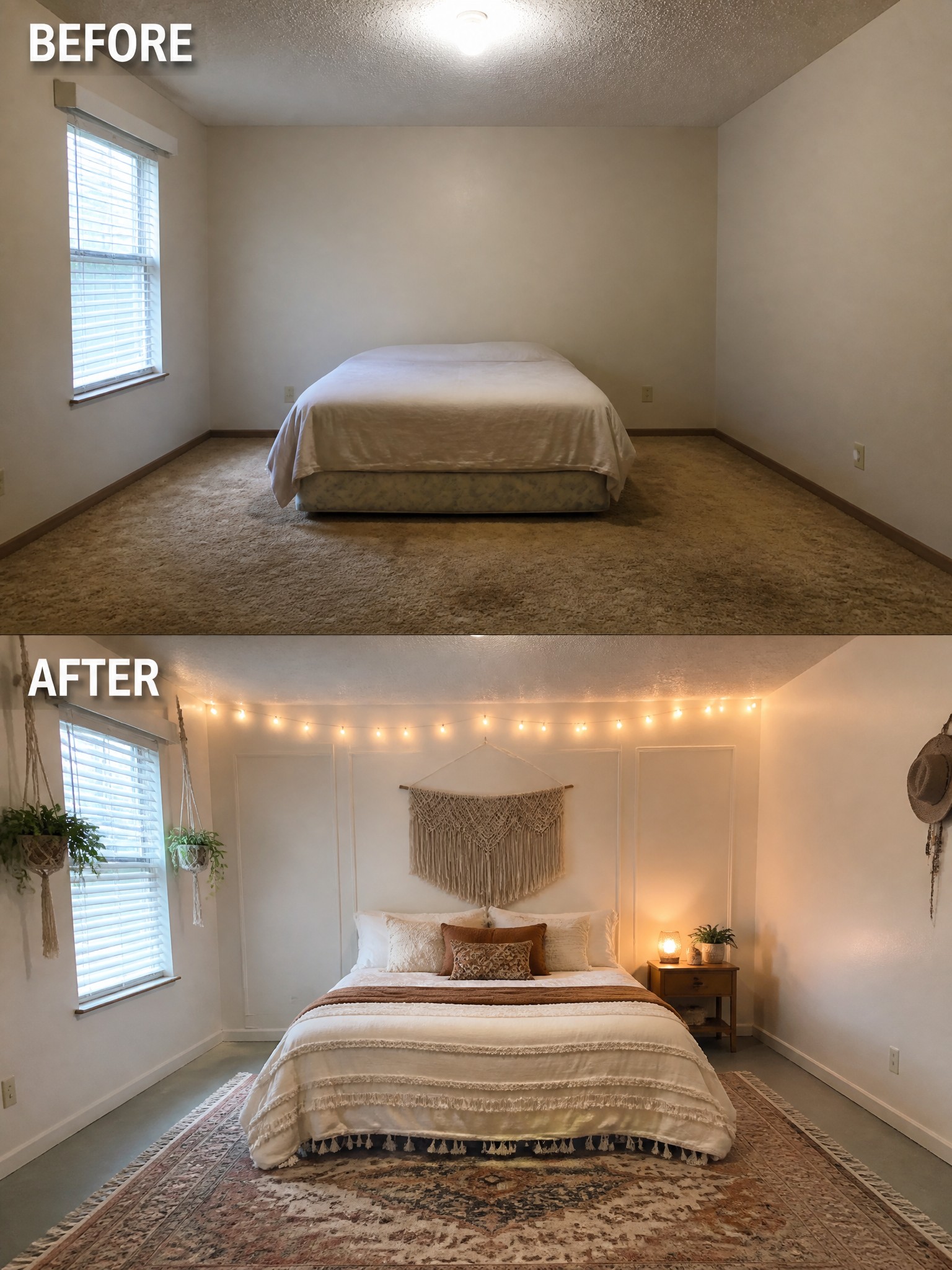 Before and after of a transformed bedroom with a cozy bohemian style.
