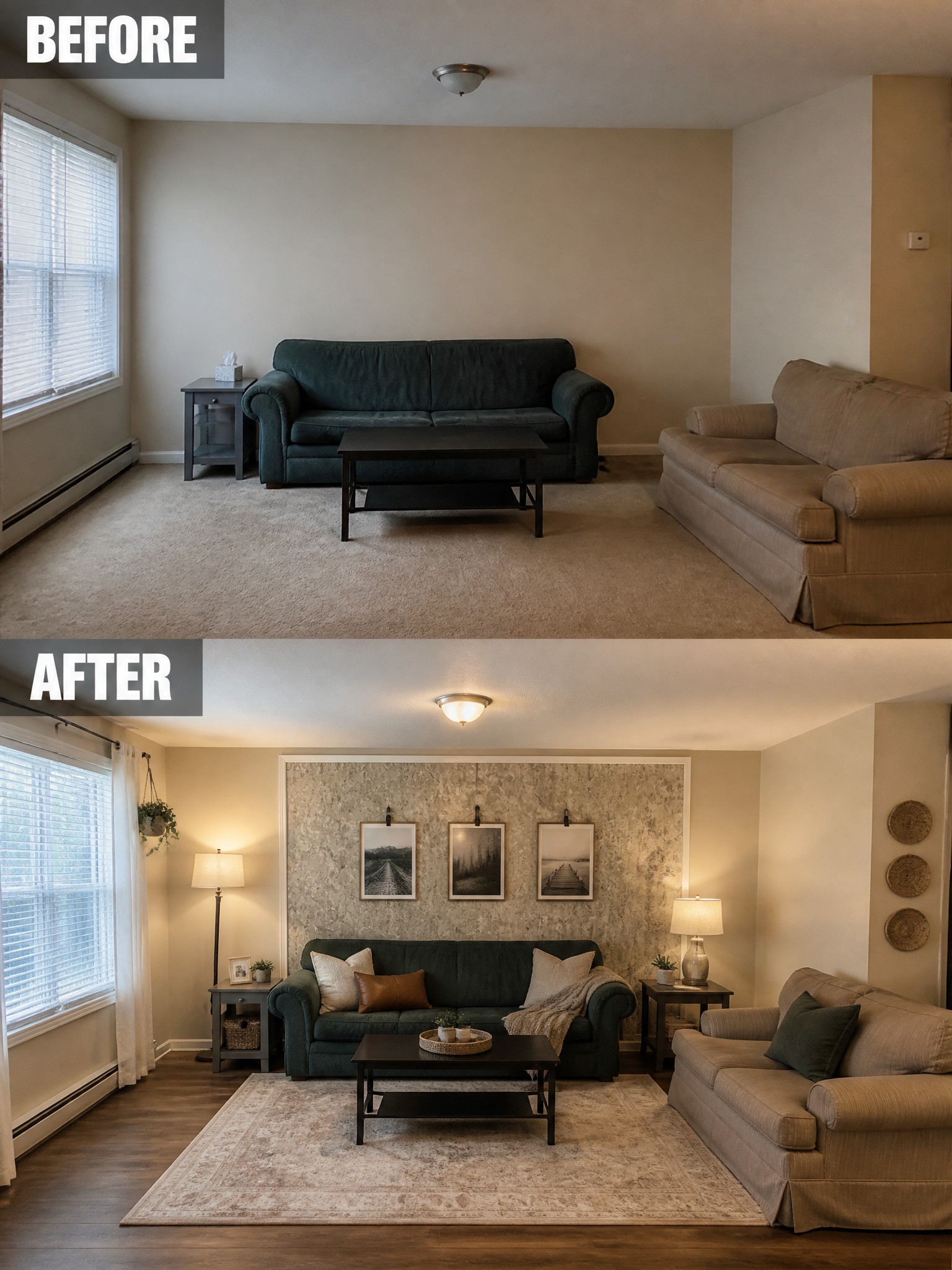 Living room transformation: before has bare walls, after features decor, artwork, and cozy textiles.