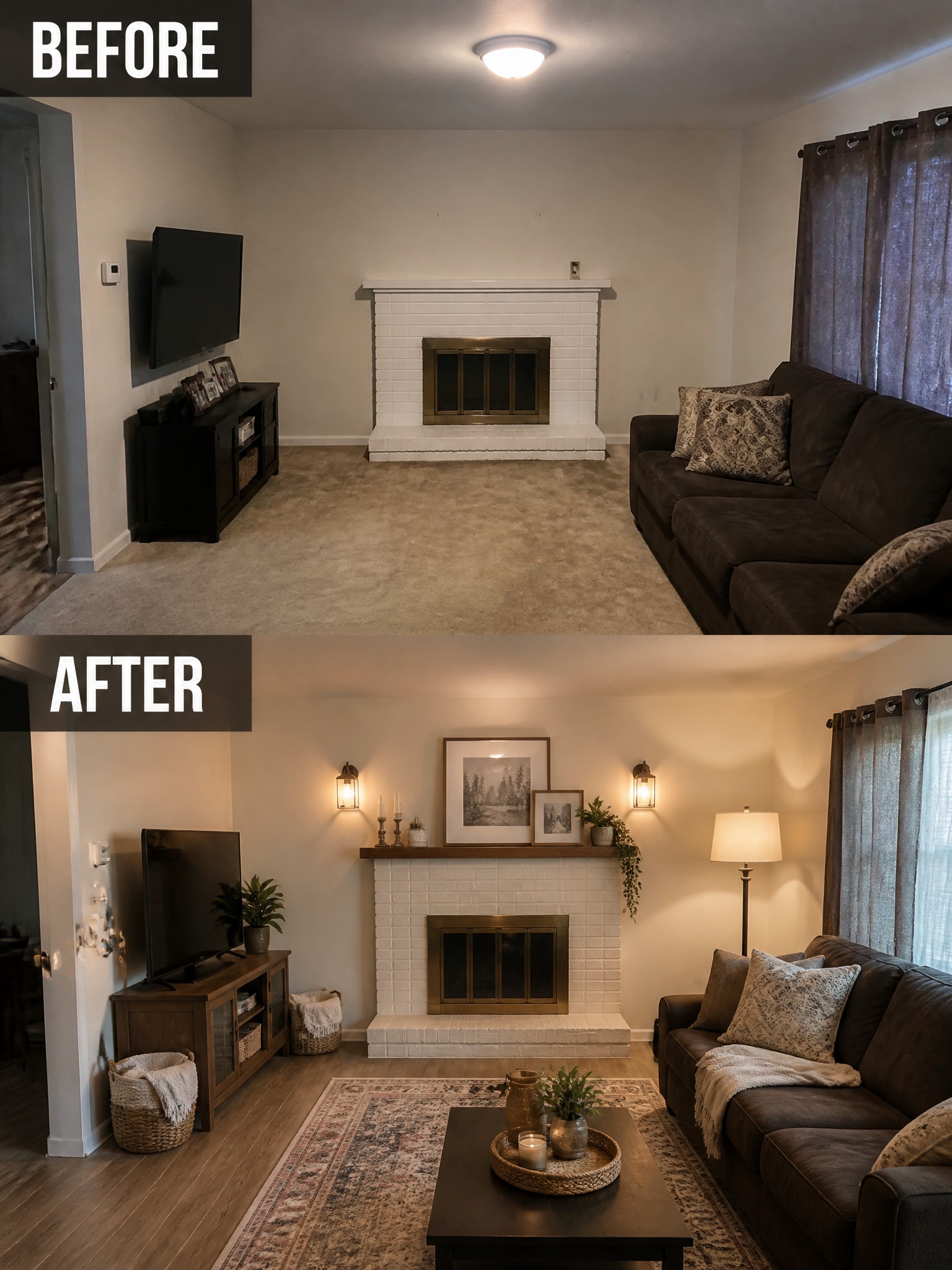 Before-and-after image of a living room with a white brick fireplace updated with mantel decor, wall sconces, a rug, and additional lighting.