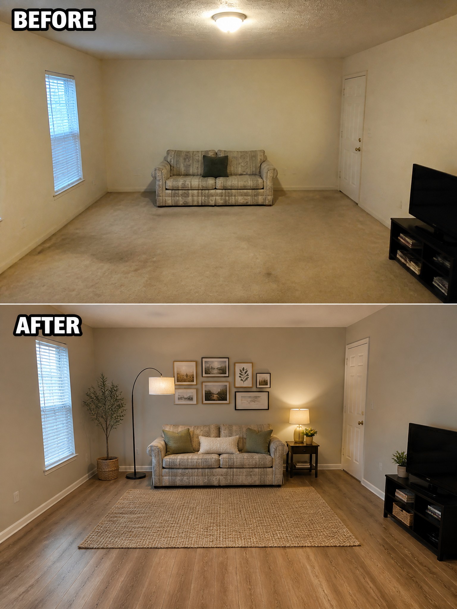 Before-and-after image of a living room updated with a large area rug, lamps, wall art, and new flooring.