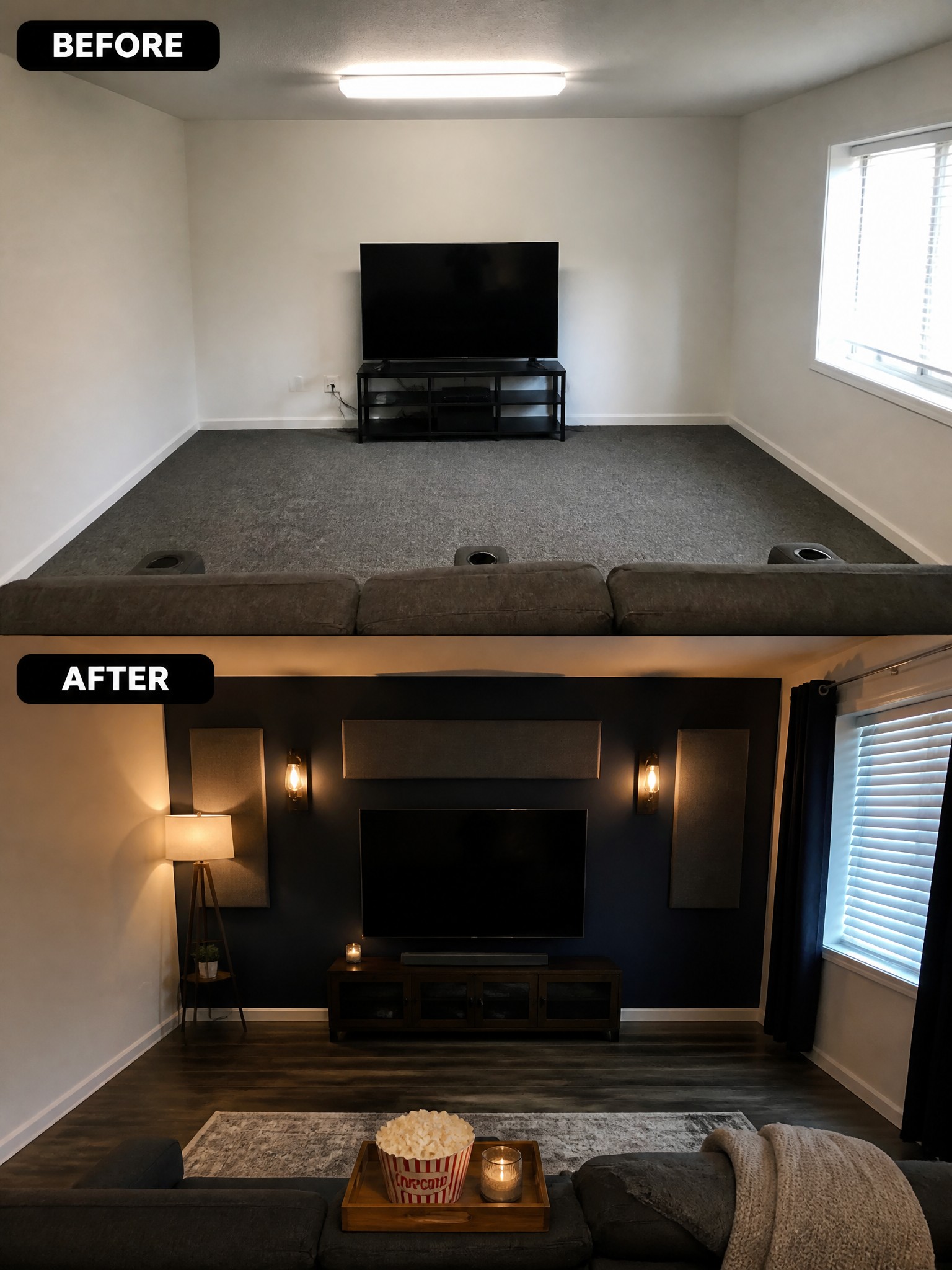 Before-and-after living room transformation with dark accents, cozy furniture, and decorative items.