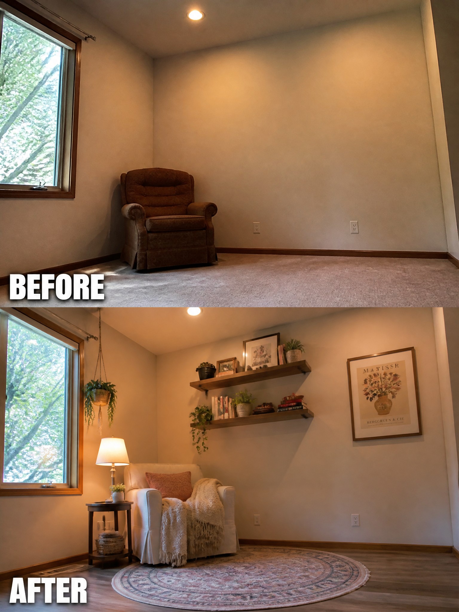 Before-and-after image of a plain room updated with a rug, white armchair, floating shelves, and wall art.
