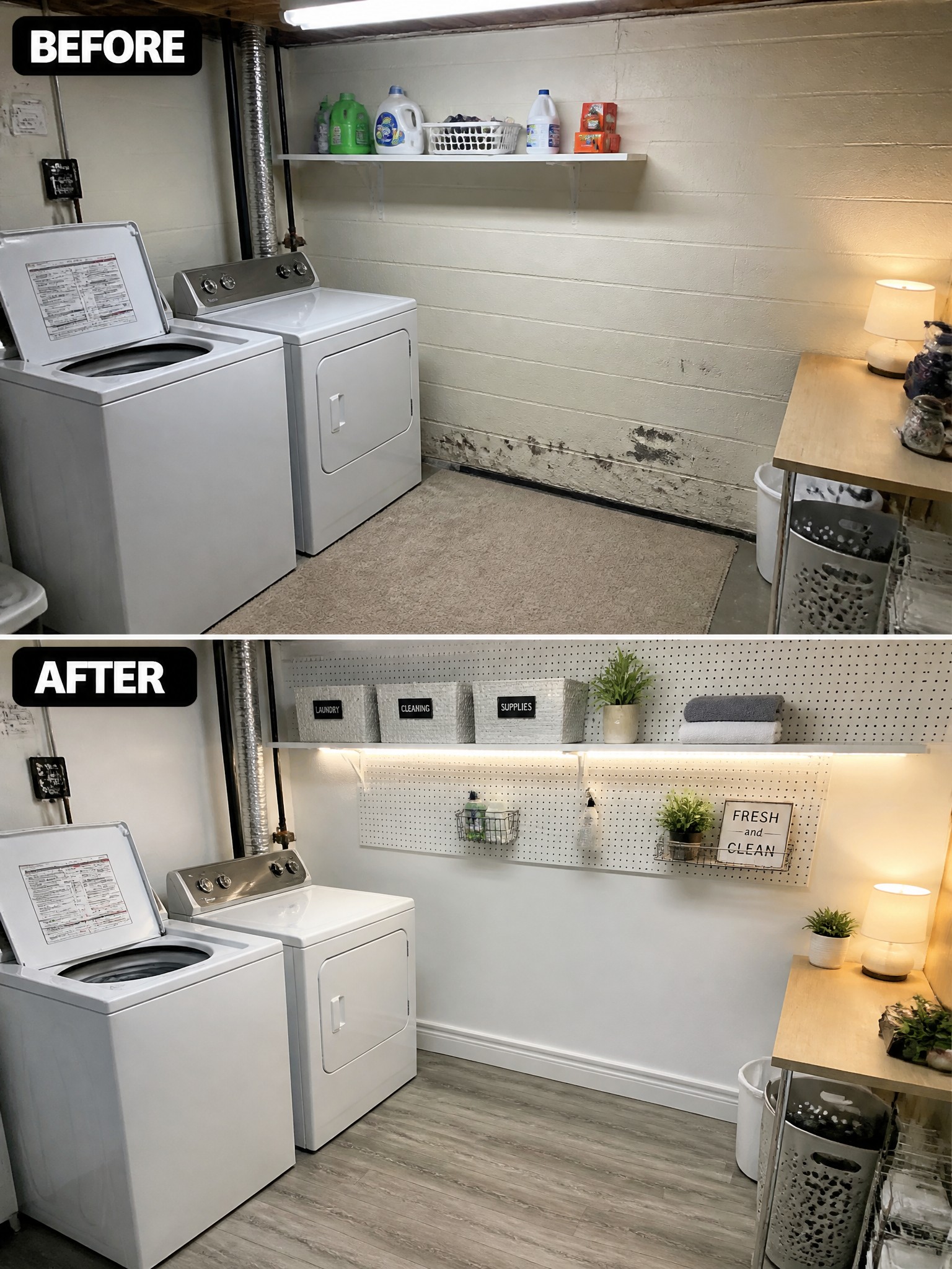 Before-and-after image of a laundry room showing old carpet and a basic shelf replaced with pegboard storage, labeled bins, under-shelf lighting, and new flooring.