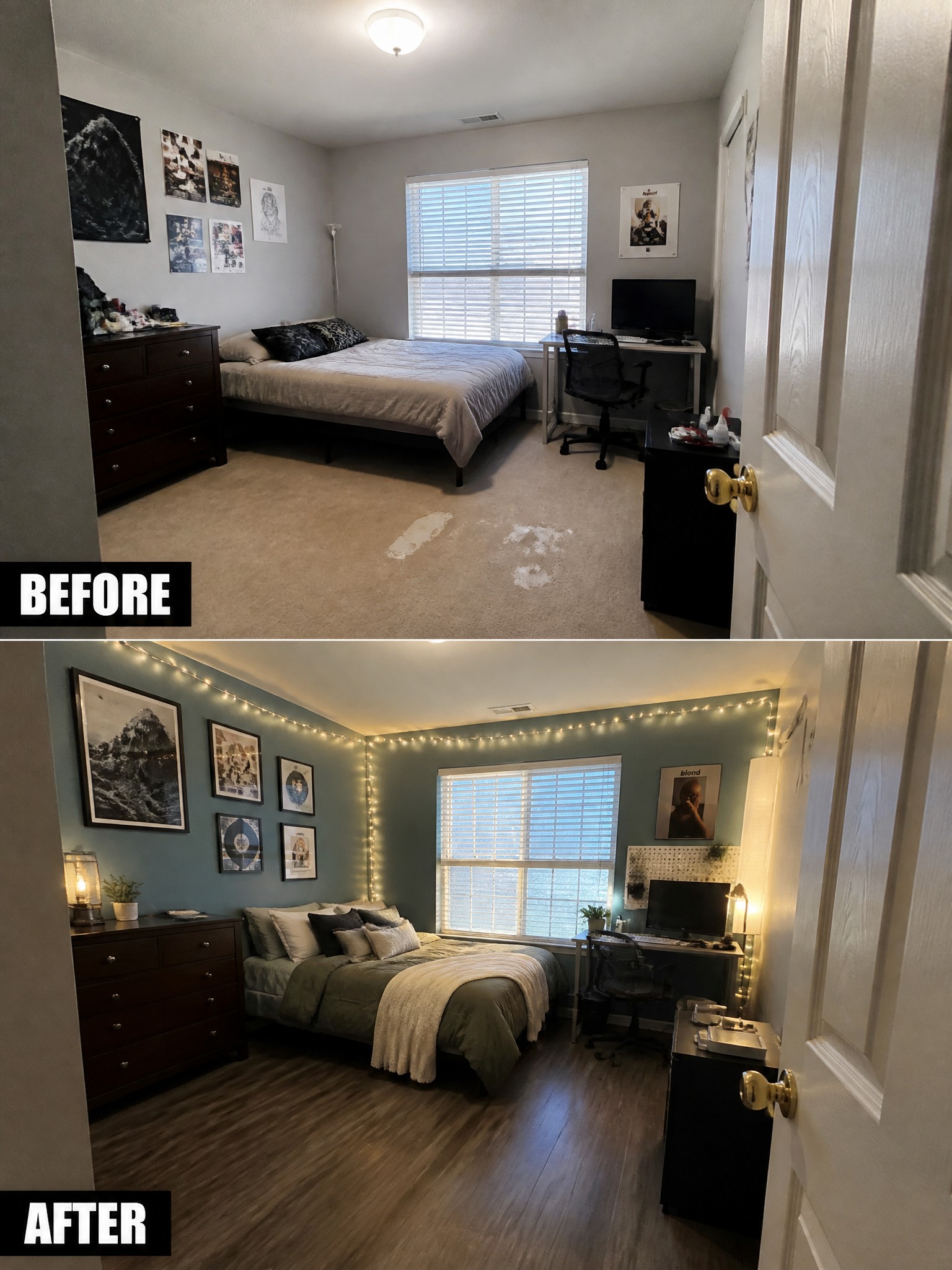 Before and after transformation of a bedroom, featuring decorative lighting and new decor.