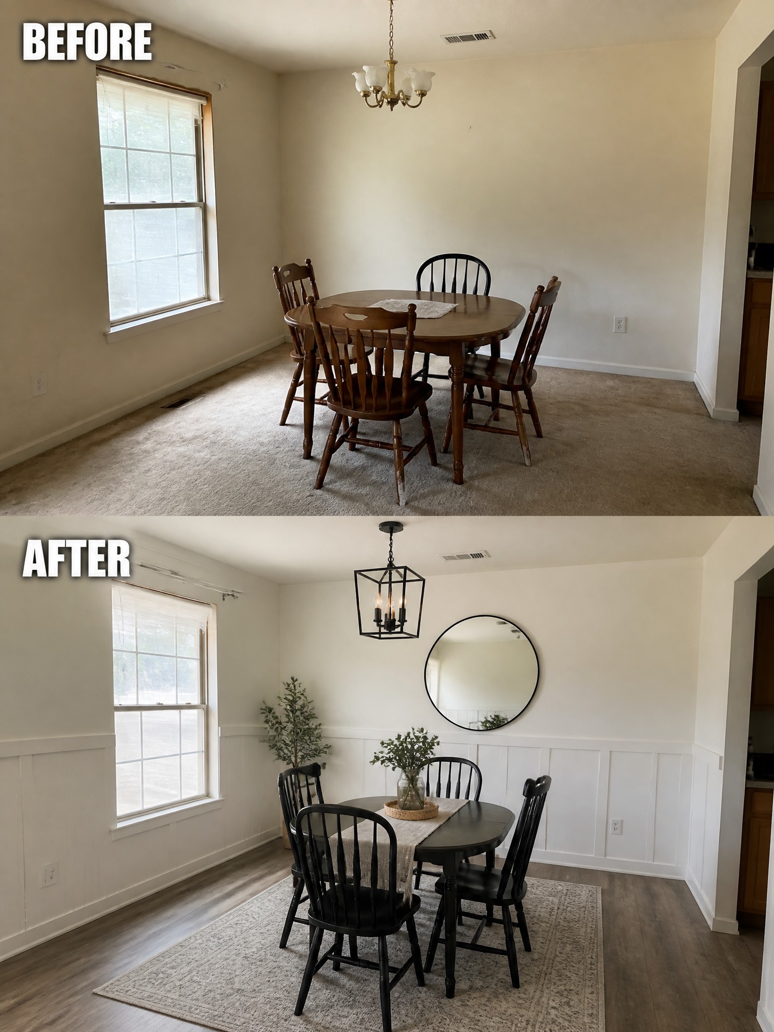 Before-and-after image of a dining room showing carpet and wooden furniture replaced with dark flooring, black chairs, white wainscoting, and an updated light fixture.