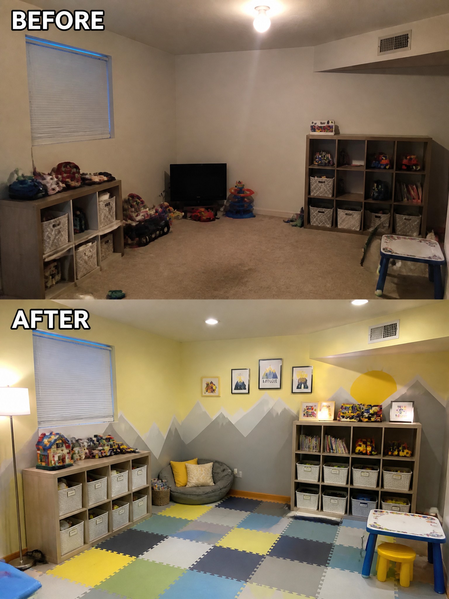 Before-and-after image of a kids playroom with old carpet and clutter changed to colorful foam floor tiles, painted walls, and organized toy storage.