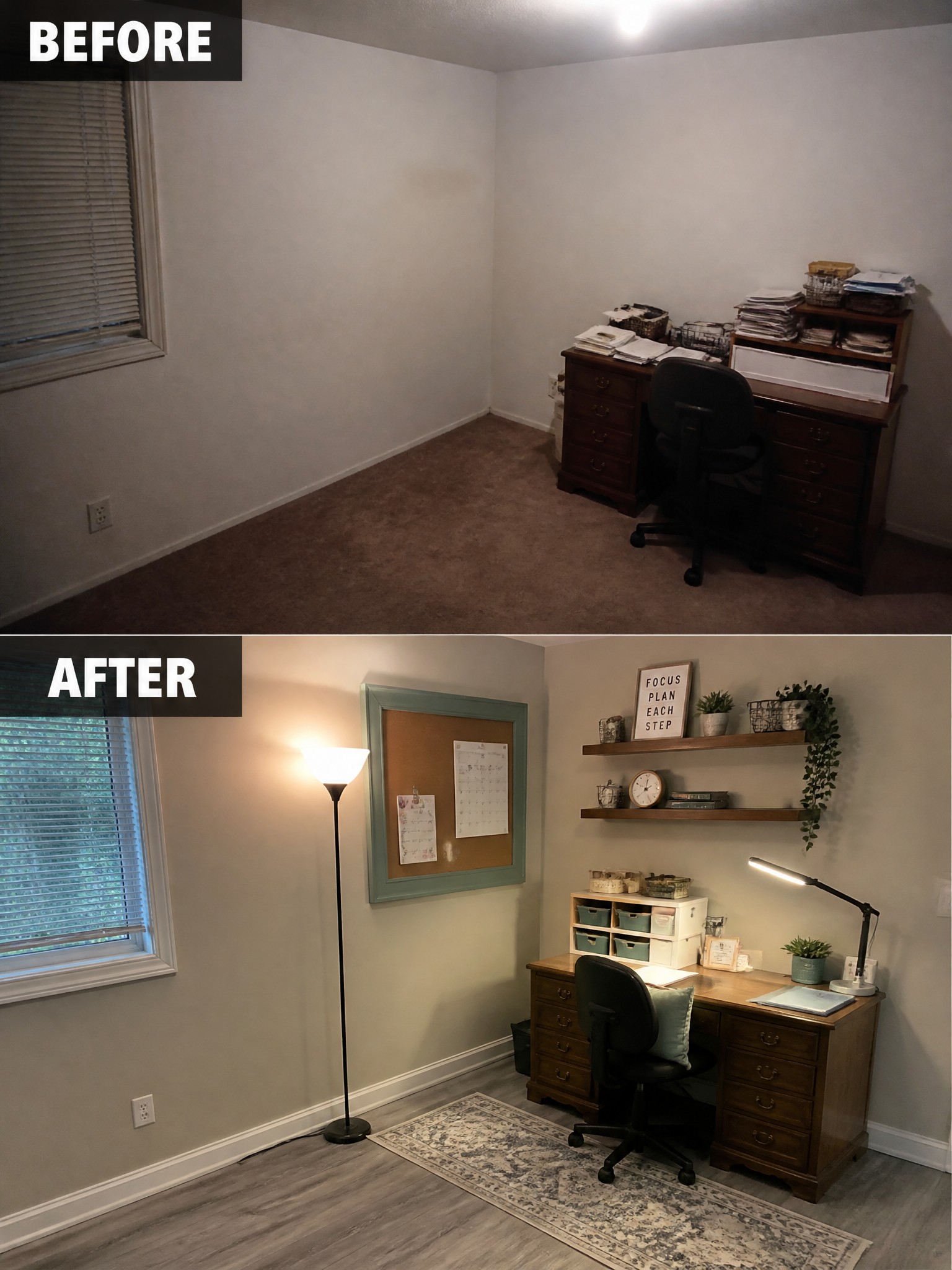 Empty room transformed into a cozy workspace with a desk, plants, and decor.