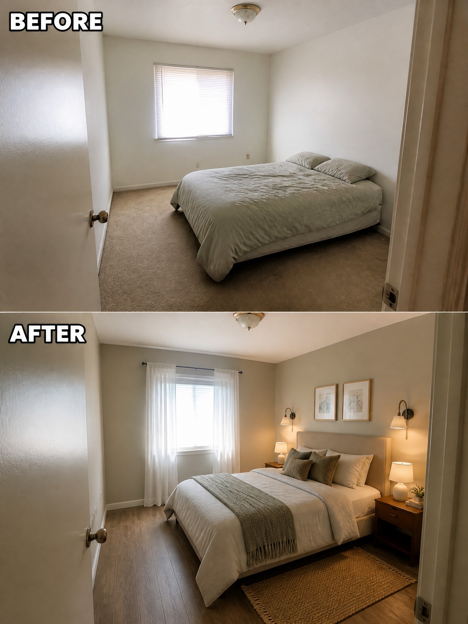 Before-and-after image of a bedroom showing old carpet and bare walls updated with wood flooring, curtains, a rug, wall art, and multiple lamps.
