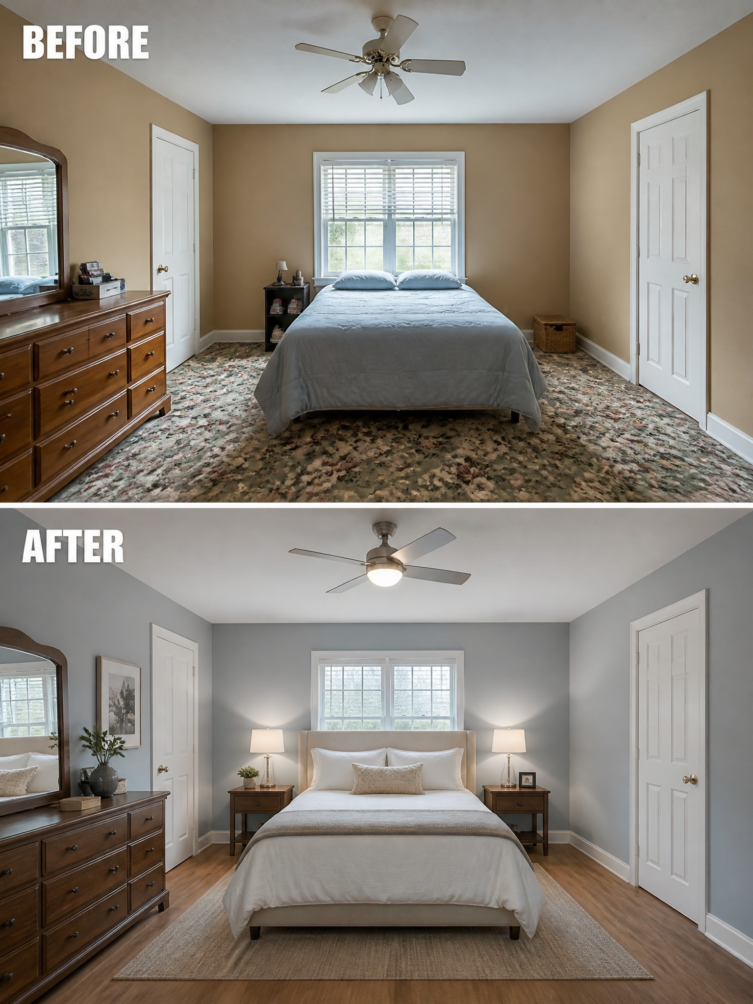 Before-and-after image of a bedroom with old floral carpet and beige walls updated to hardwood floors, a neutral rug, and light gray walls.