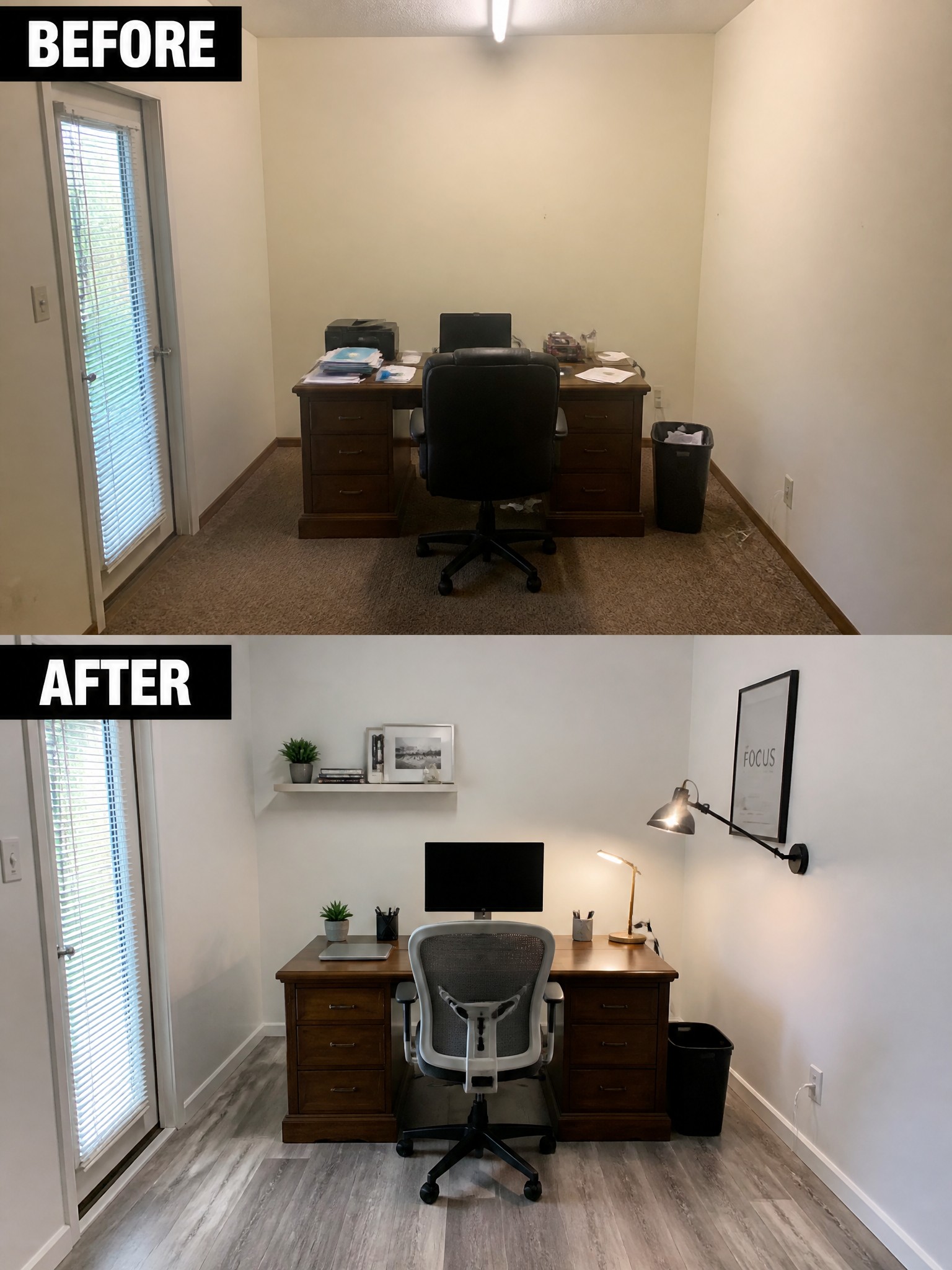 Before and after shots of an office, showcasing a clean, modern workspace transformation.