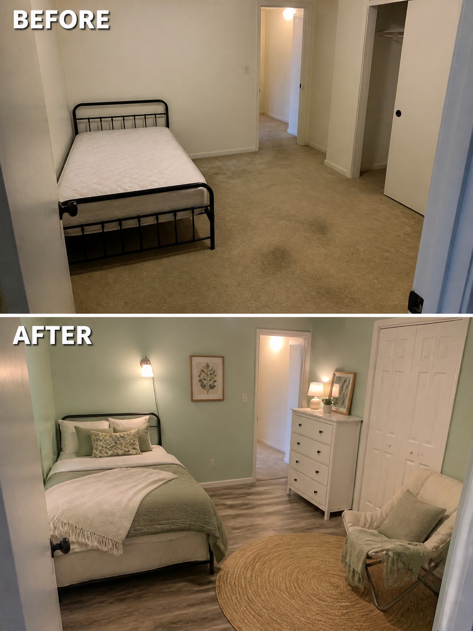 Before: empty room with a metal bed frame; After: cozy green-themed bedroom with decor and furniture.