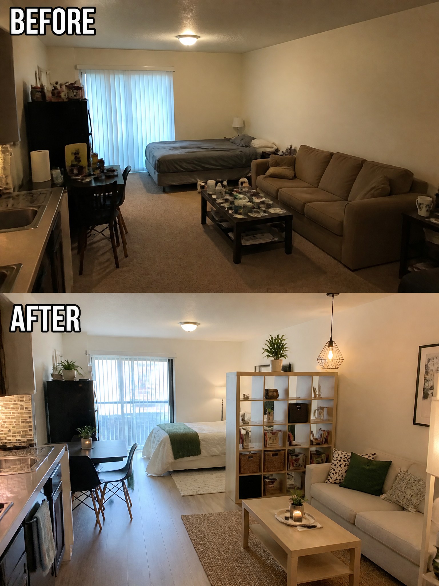 Before-and-after image of a small apartment living area showing old carpet and cluttered layout changed to light wood flooring with a room divider and rearranged furniture.