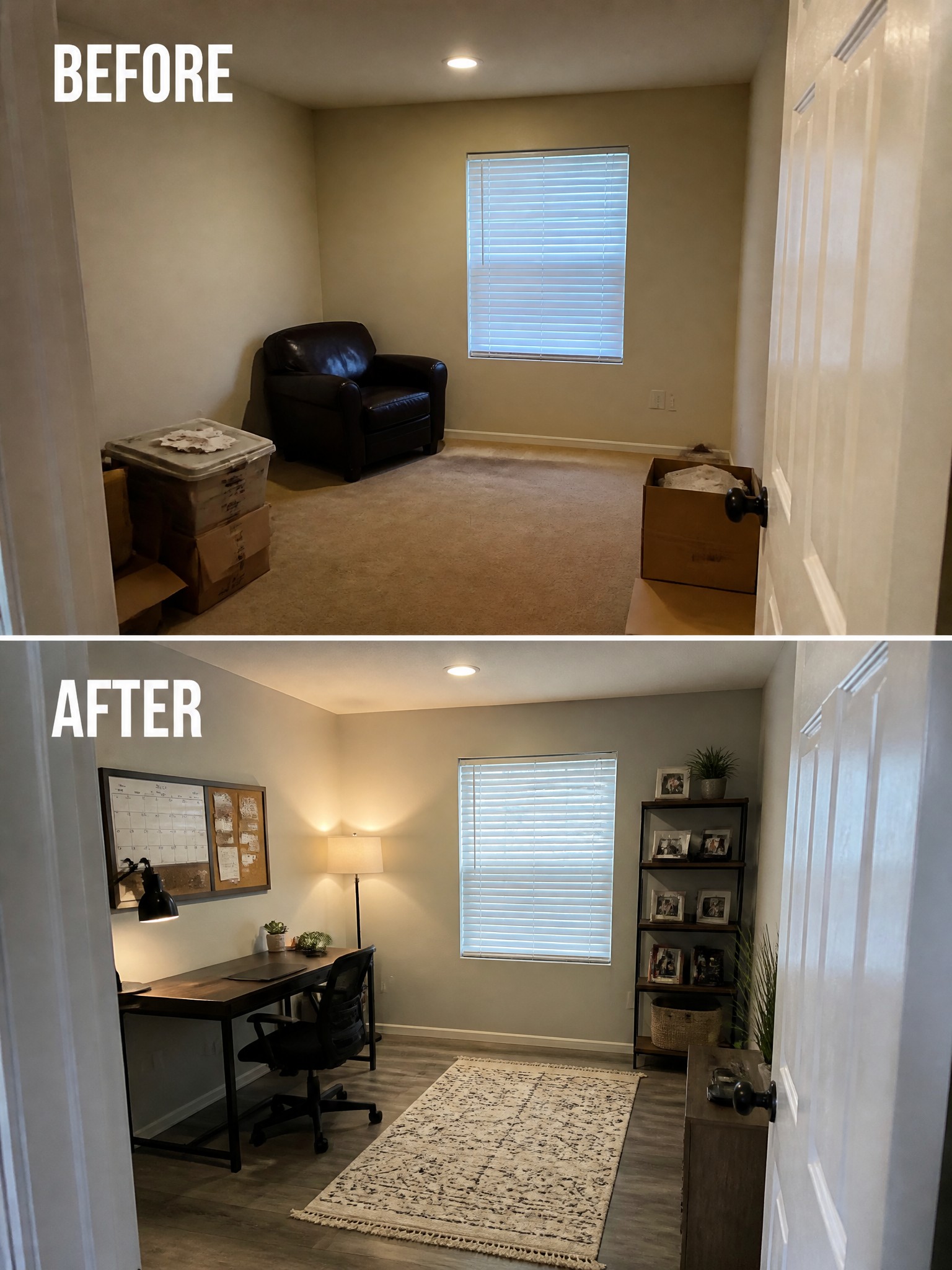 Before-and-after image of an empty carpeted room transformed into a home office with a desk, chair, rug, and shelving unit.