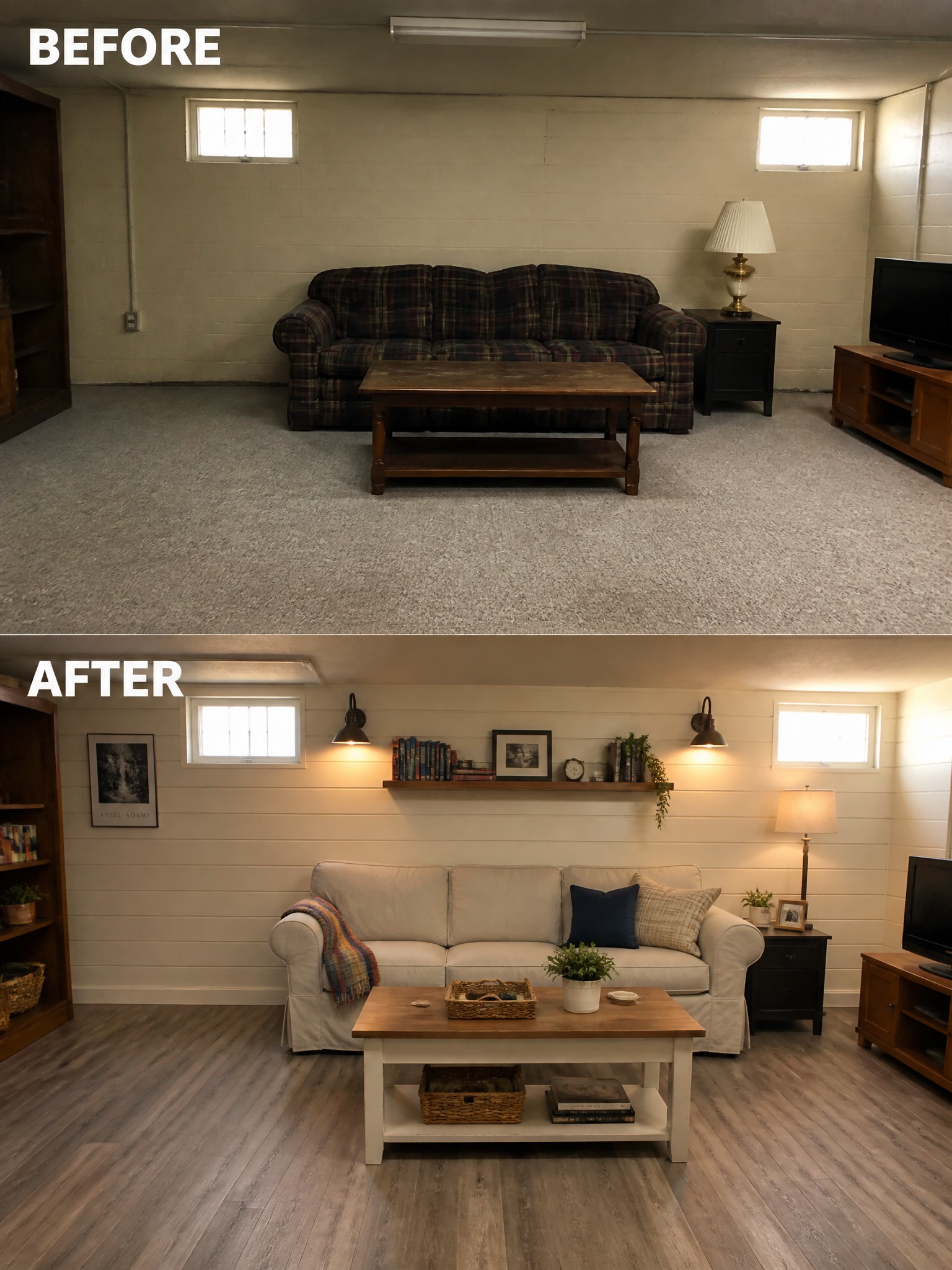 Before-and-after image of a basement living room with concrete block walls and carpet updated to white shiplap walls and wood-look flooring.