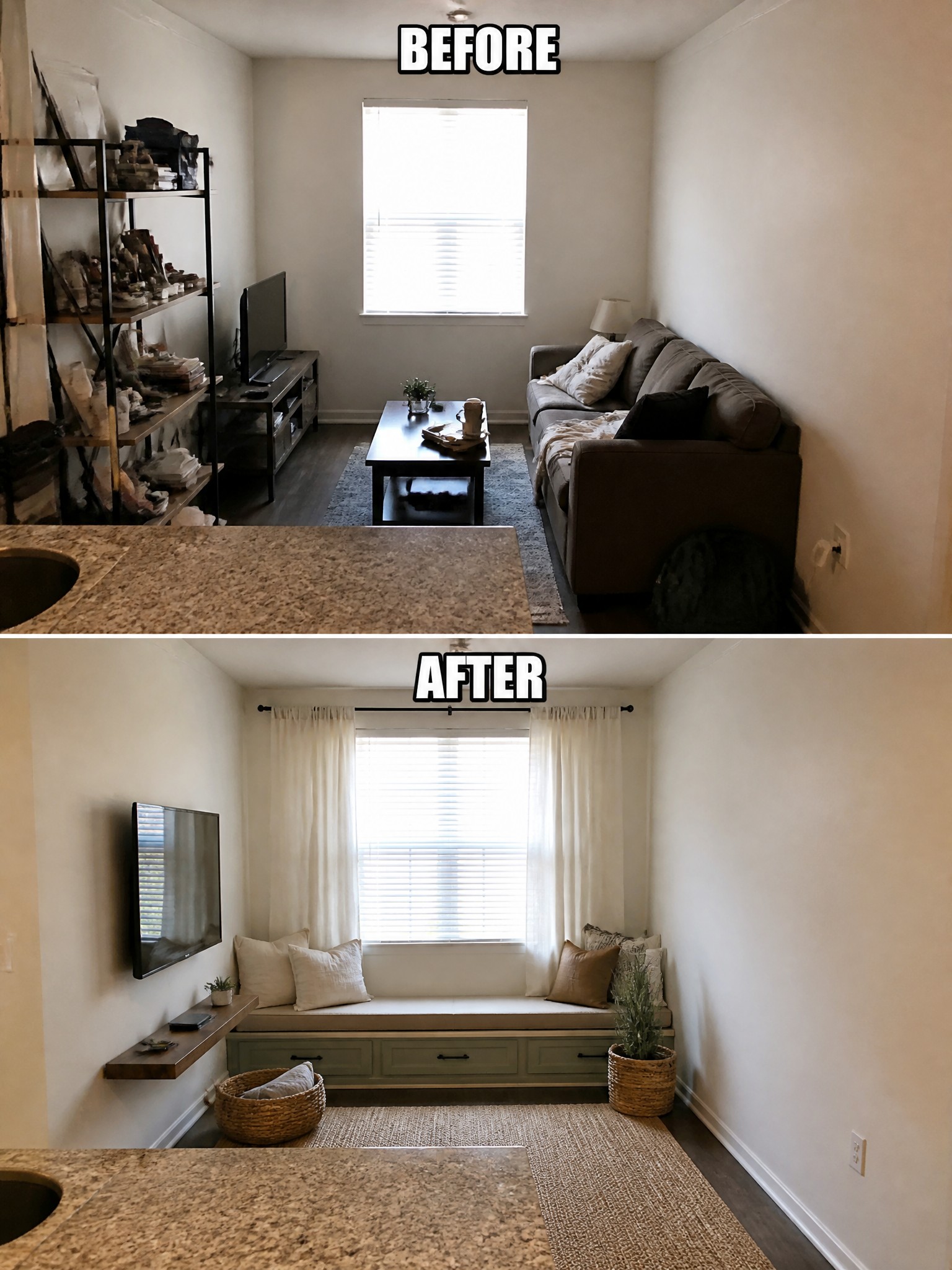 Living room transformation: from cluttered shelves to a cozy window seat with decor.