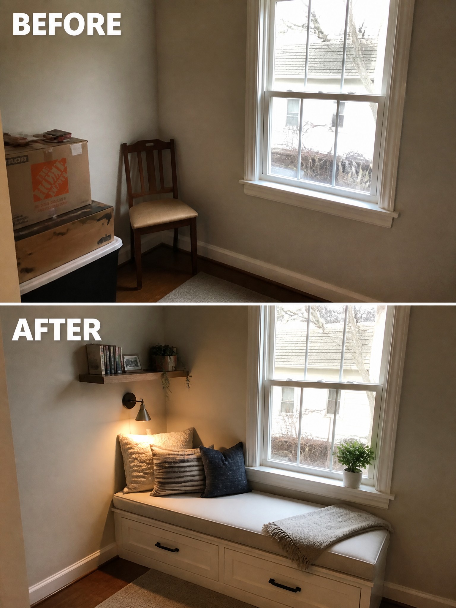 Before-and-after image of a plain room corner with boxes and a single chair changed into a window seat with built-in storage drawers, cushions, a floating shelf, and a wall sconce.