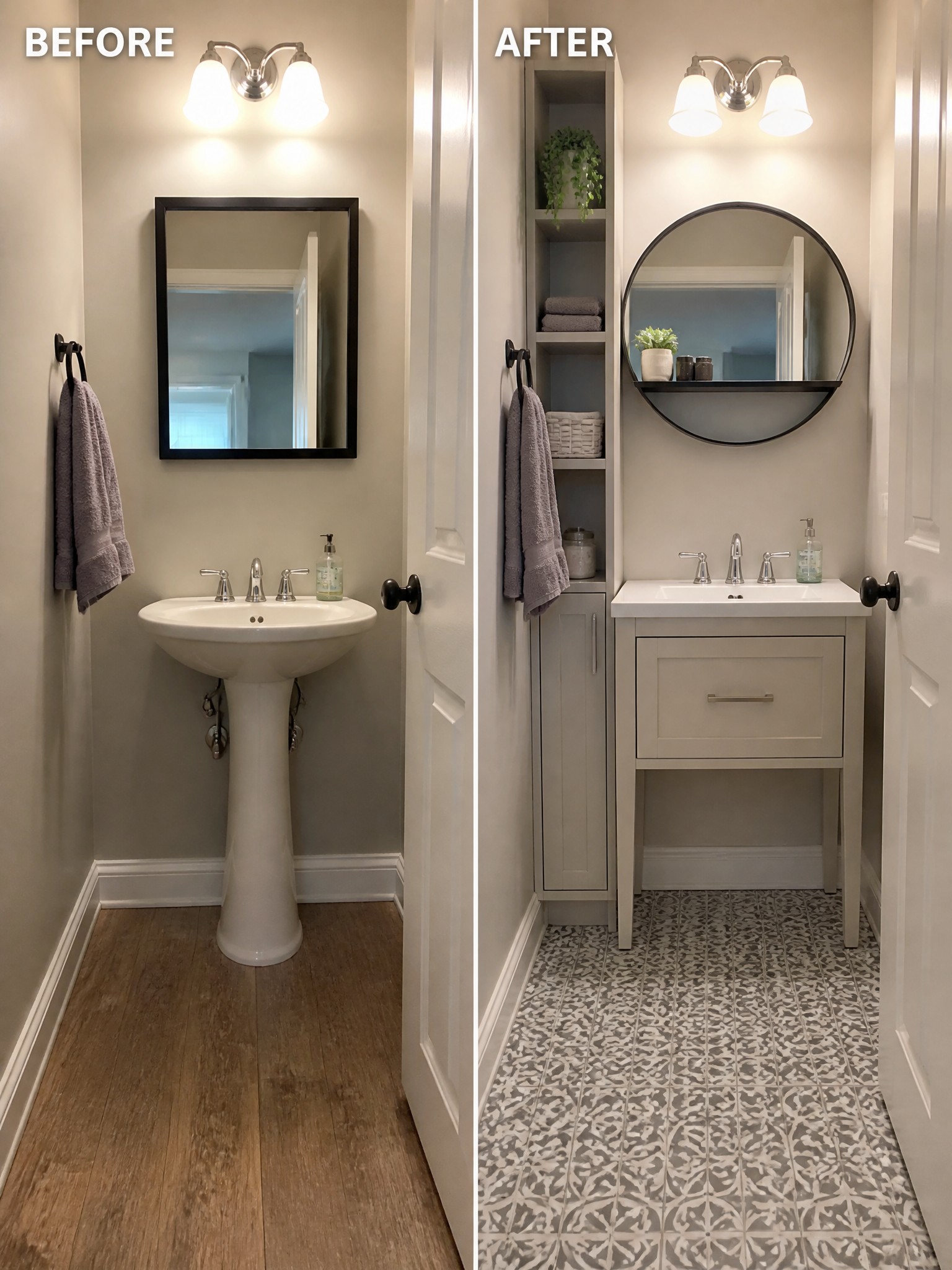 Before-and-after image of a small bathroom showing a pedestal sink replaced by a vanity with drawer and a tall built-in shelving unit added beside it.