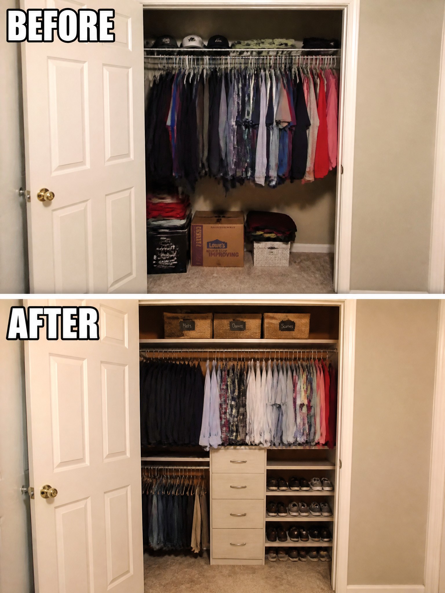Before and after closet organization, featuring neatly hung clothes and storage bins.