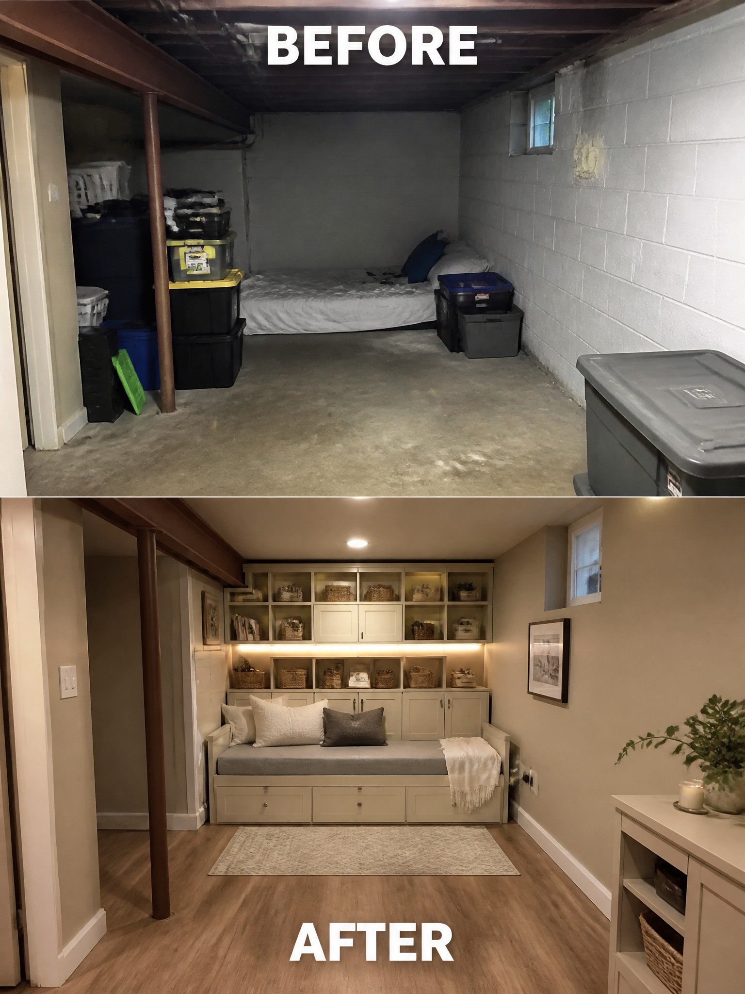 A transformed basement with stylish storage, a cozy daybed, and warm lighting.