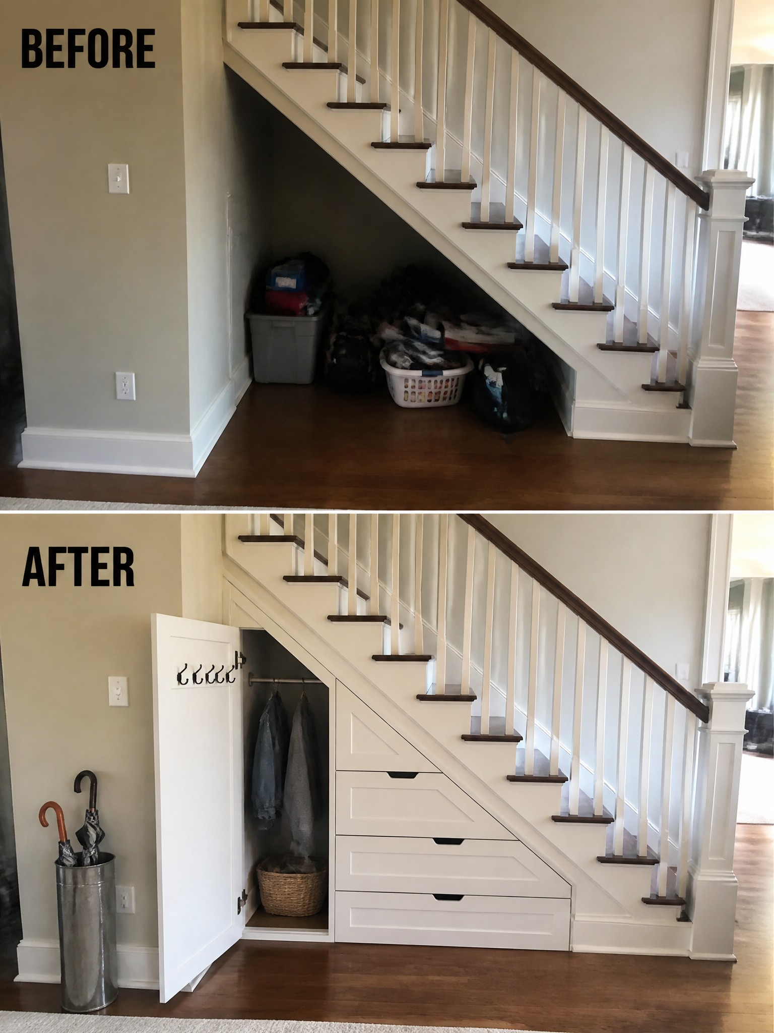 Before and after renovation of a space under stairs, featuring white storage with clothes.