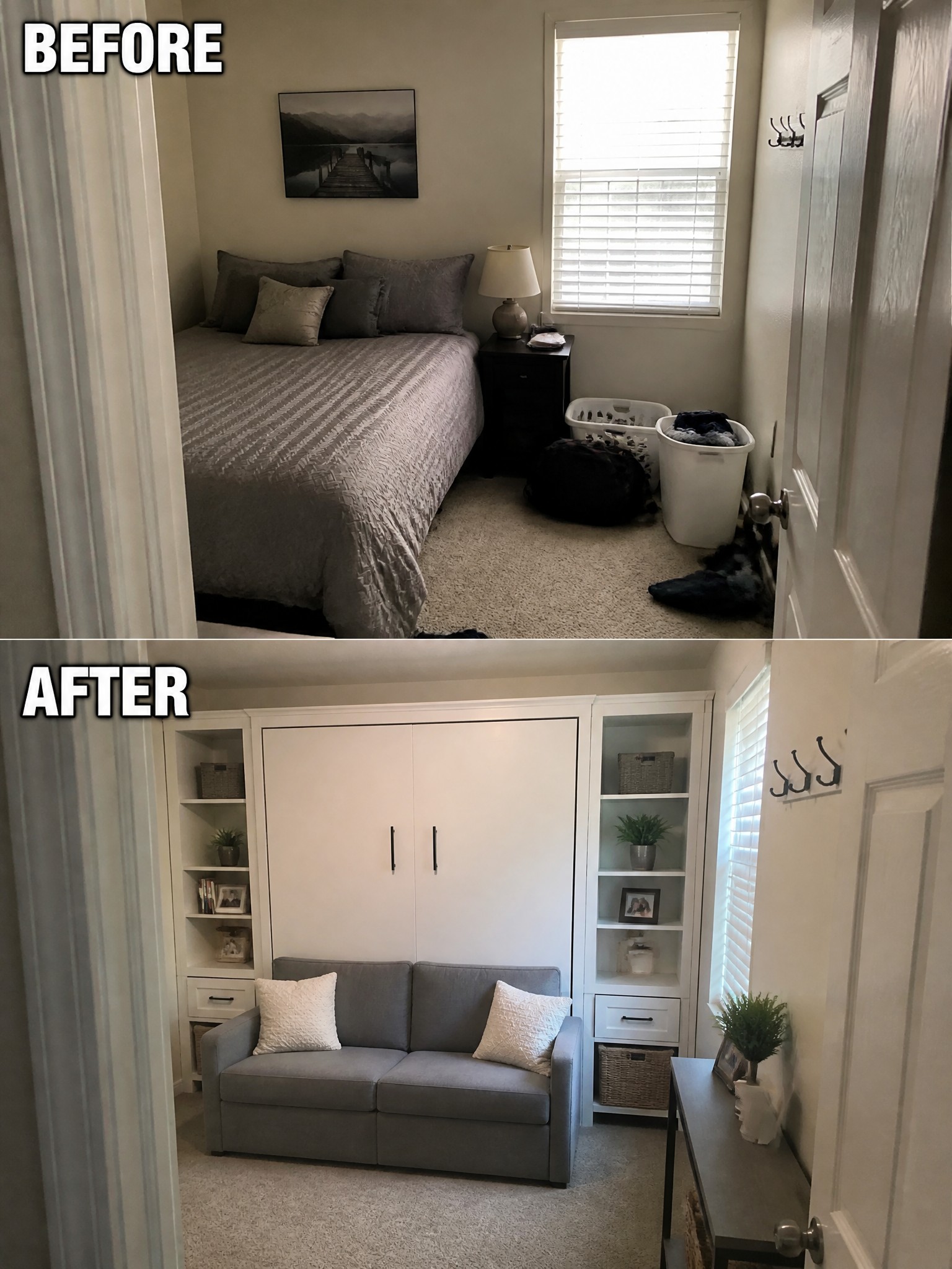 Small bedroom transformed into a cozy, stylish living space with a sofa and storage.