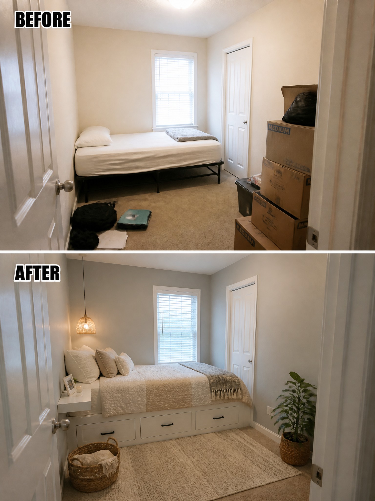 Before-and-after image of a cluttered bedroom transformed with a storage bed, neutral bedding, and added lighting and decor.