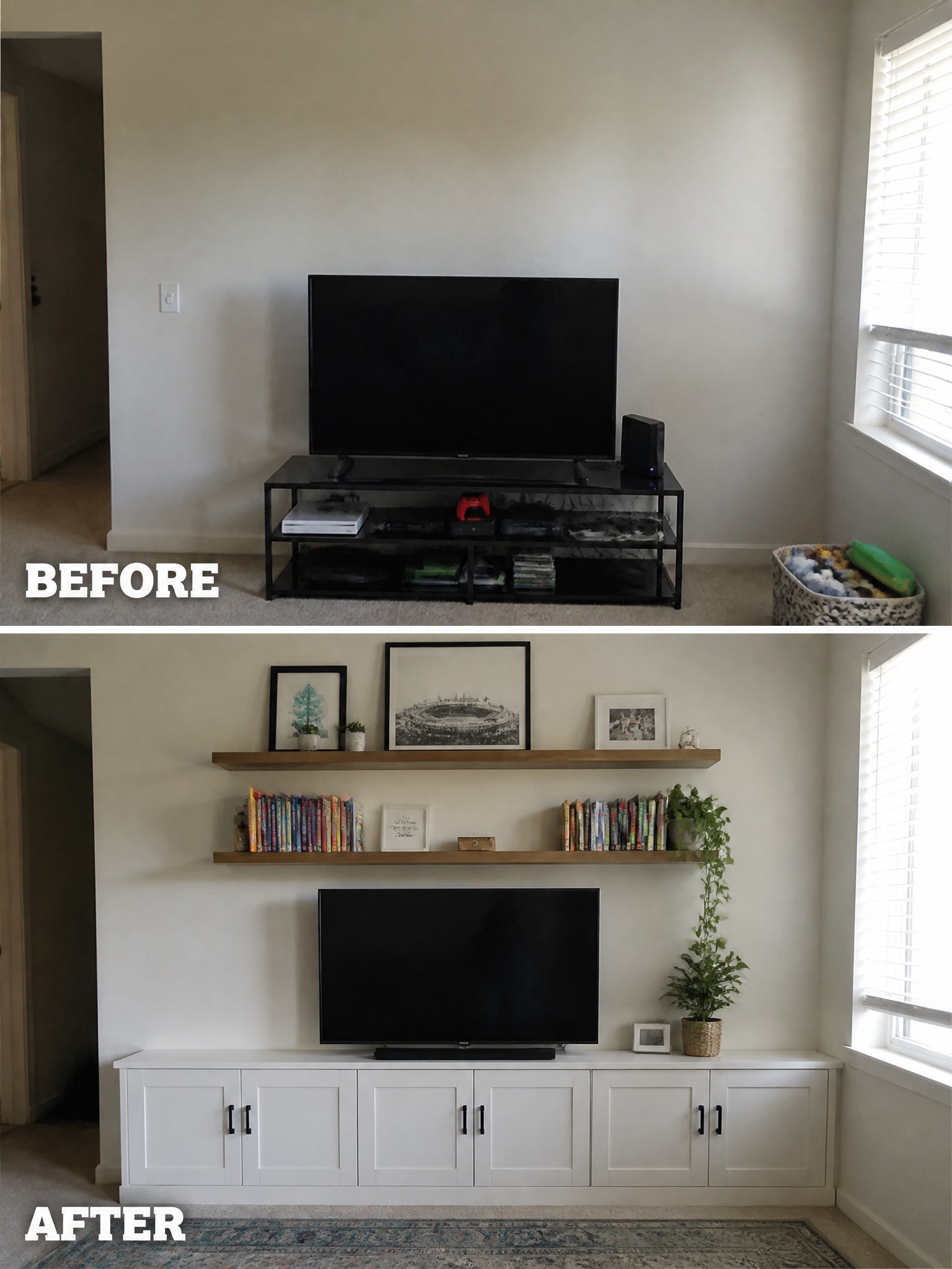 Before-and-after image of a TV area where an open stand with visible items is replaced by a white media console and floating shelves.