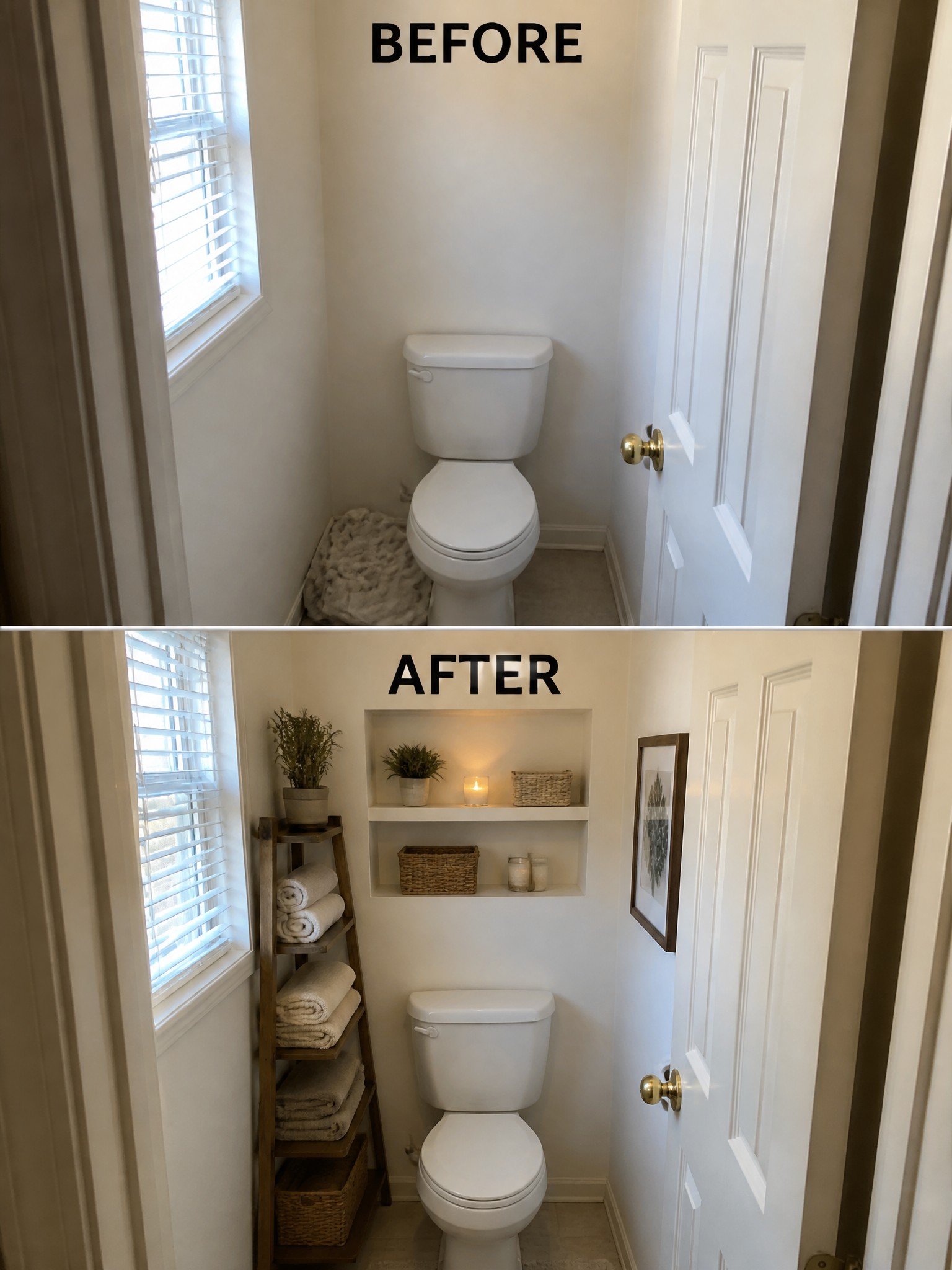 Before and after bathroom transformation with added shelves, decor, and organized towels.