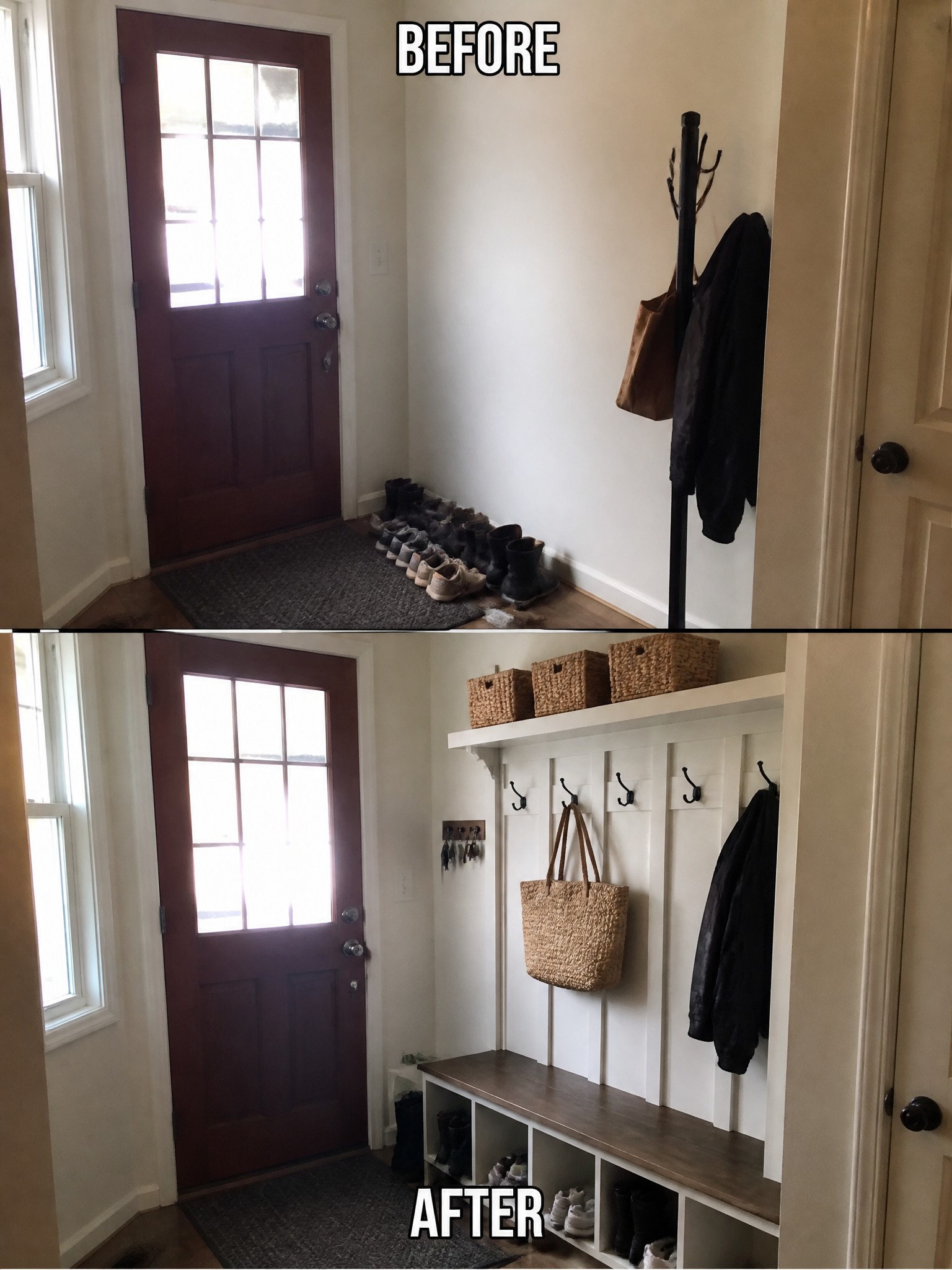 Before-and-after image of an entryway showing scattered shoes and a coat rack changed into an organized space with a built-in storage bench, wall hooks, and baskets.