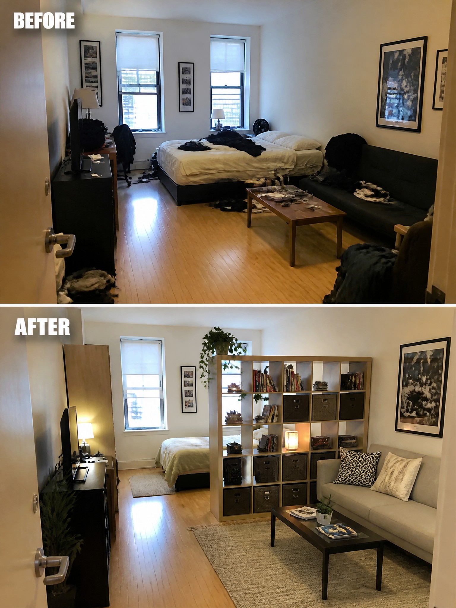 Before and after room transformation showcasing a tidy living area with furniture and decor.