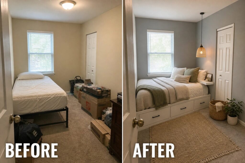 Before-and-after image of a cluttered bedroom transformed with a storage bed, neutral bedding, and added lighting and decor.