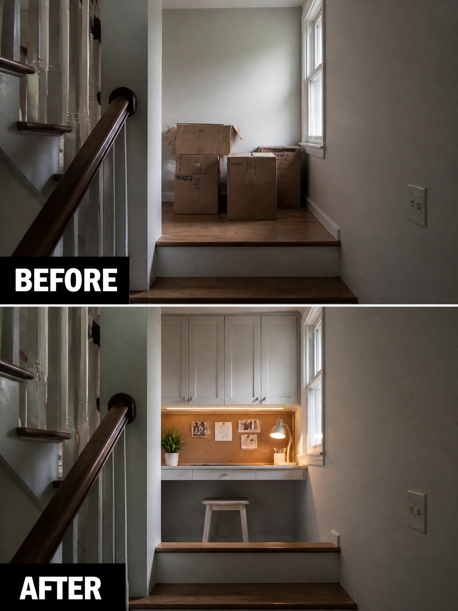 Before-and-after image of space under stairs changed from box storage into a built-in desk nook with cabinets and workspace.