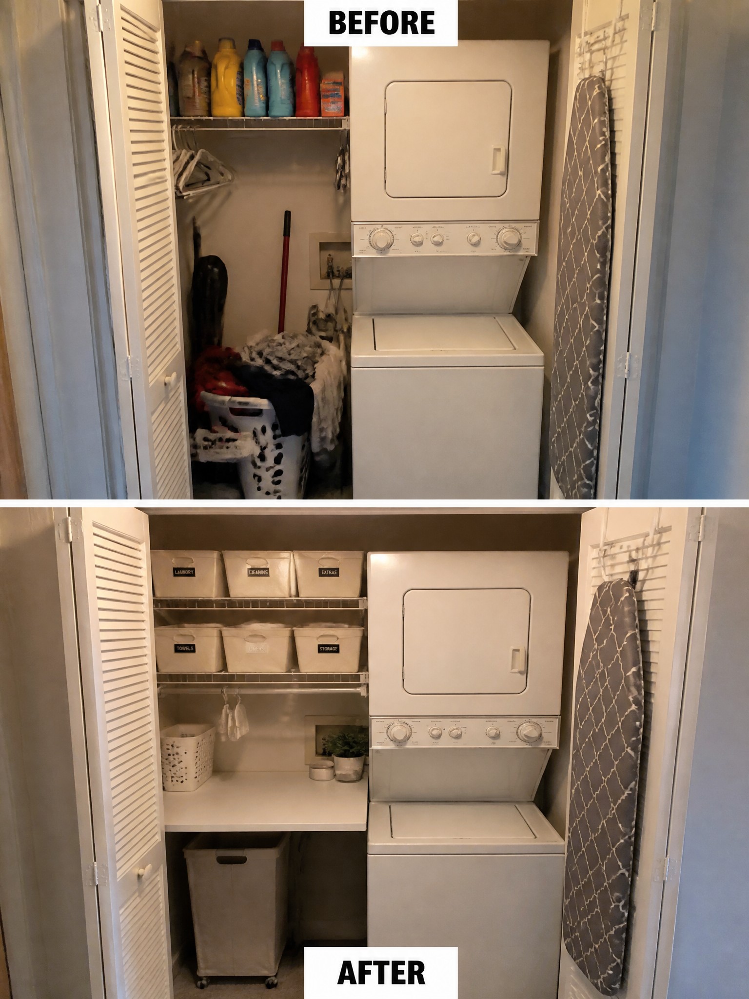 Before-and-after transformation of a laundry area, organized with bins and a clean layout.