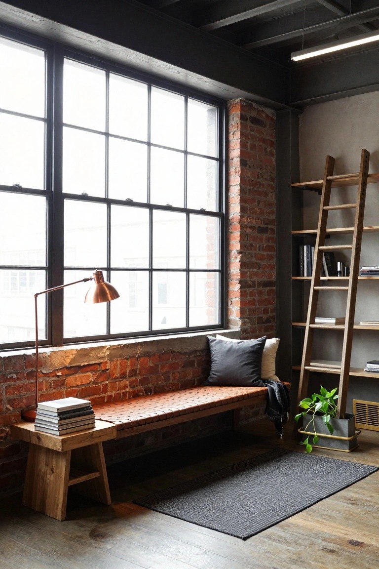 Loft interior with large multi-pane windows, exposed brick walls, tall wooden ladder bookshelf filled with books, brown leather bench with gray and white pillows, wooden stool holding stacked books, potted plant, and gray rug on wood floor.