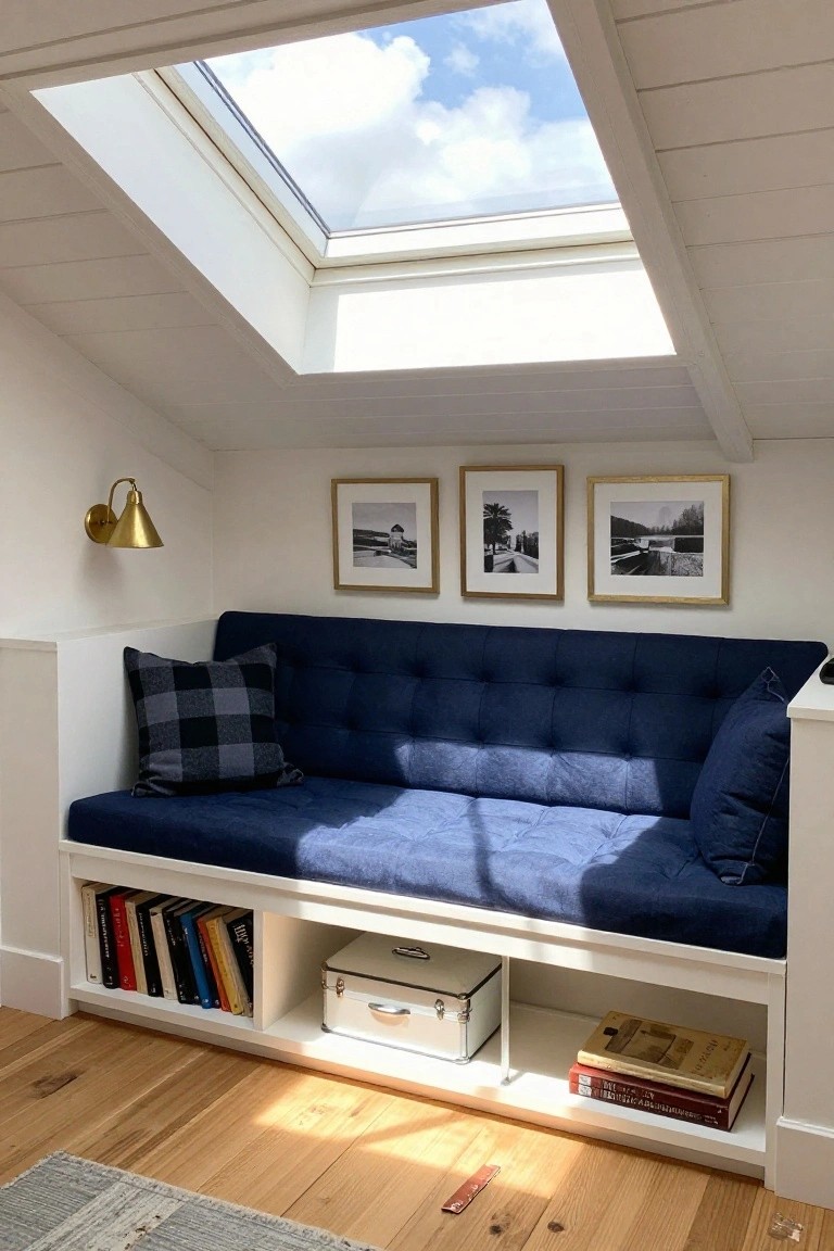 Navy blue tufted bench built into white wood walls under a skylight in an attic room, with pillows, bookshelves and storage cubbies below, gold wall sconce, and three framed black-and-white photos above.